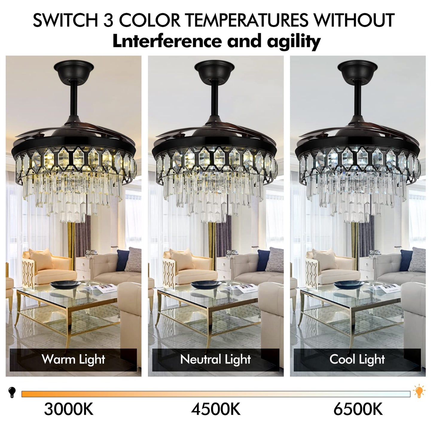 A Million 42" Modern Ceiling Fan with Light Crystal Black Chandelier Remote Retractable Amber Blades 3 Speeds 3 Colors Ceiling Fans Lighting Fixture