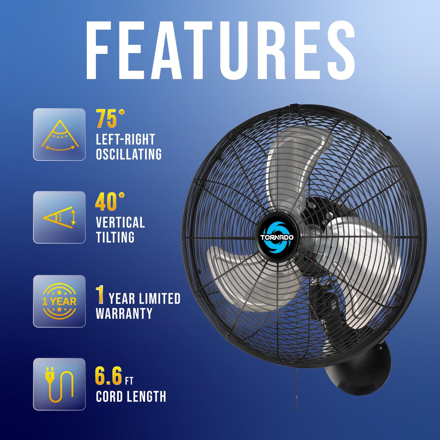 Tornado - 16 Inch Pro Series Oscillating Wall Mount Fan - High Velocity Heavy Duty Metal Wall Mount Fan for Industrial, Commercial, Residential,