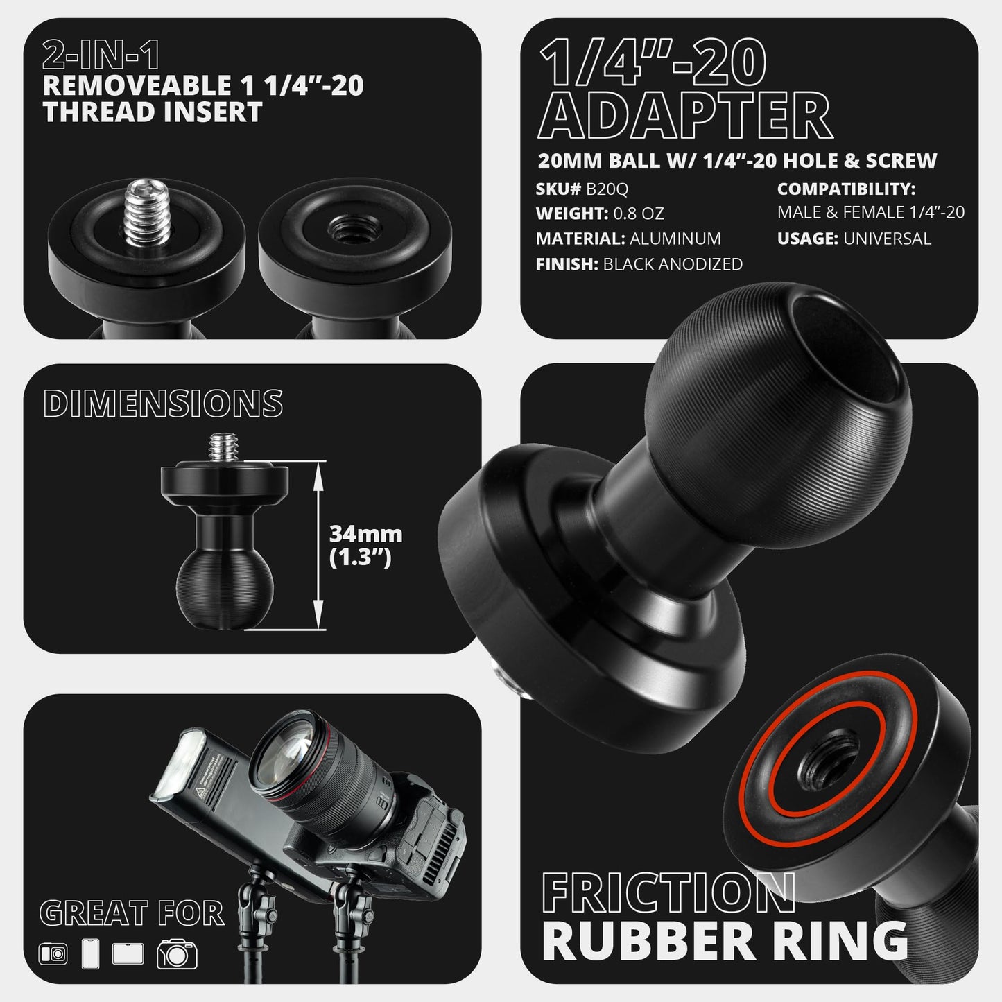 Tackform 20mm Ball with 1/4"-20 Male and Female Connection | 2 in 1 Camera Tripod Adapter | 6061-T6 Aluminum | NOT Compatible with 1" / B Sized
