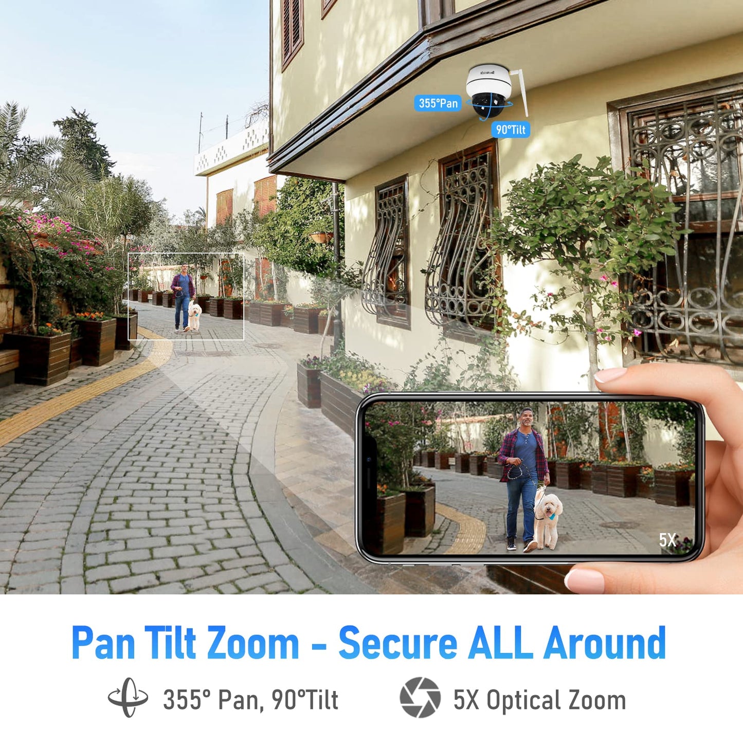 JideTech 5MP PTZ WiFi Camera Outdoor,5X Optical Zoom Dome Camera with Human/Motion Detection,Auto Tracking,Wireless IP Camera with Mic/Audio,MicroSD