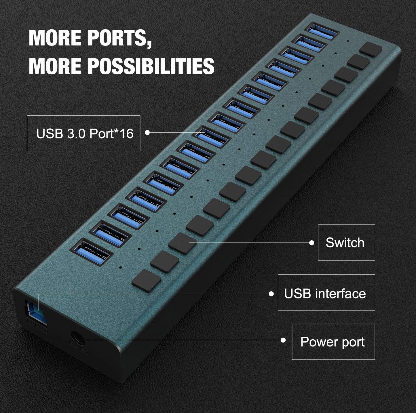 USB 3.0 Hub -16 Ports Powered USB Hub 90W USB Charging Hub with Individual On/Off Switches and 12V/7.5A Power Adapter and Multi-USB Port