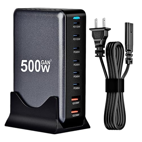 500W USB C Fast Charger Block, 8 Port USB Charging Station, GAN3 Multi Device Fast Charging Station for iPhone, Samsung, MacBook, Dell and More