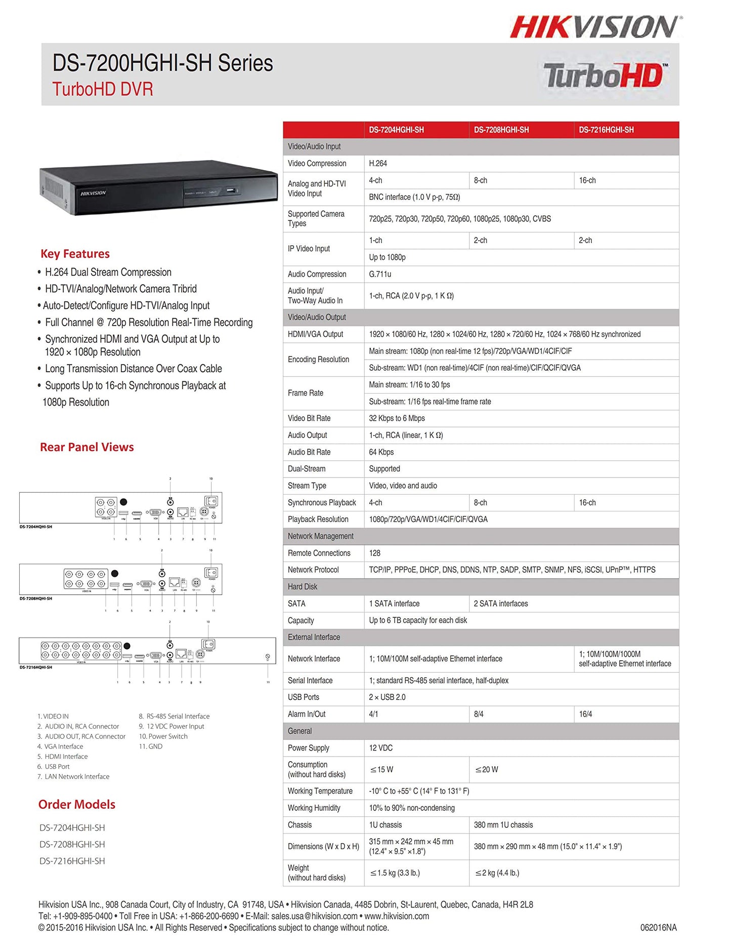 Hikvision DS-7204HGHI-SH 4Ch Turbo HD Hybrid DVR, (No HDD Included) (Certified Refurbished)