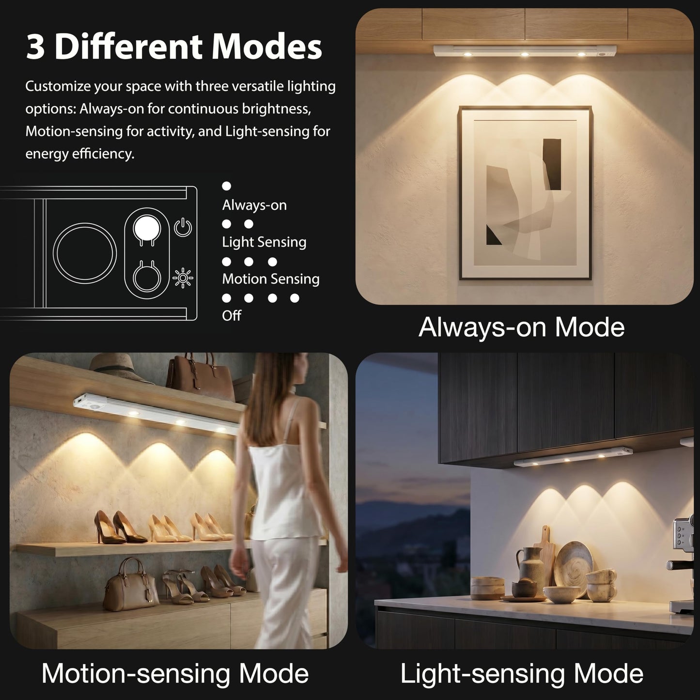 WhilsTec 2-Pack Wireless Under Cabinet Lights, Rechargeable LED Motion Sensor Closet Light, 3-Color Dimmable with Scalloped Light Cones for Kitchen