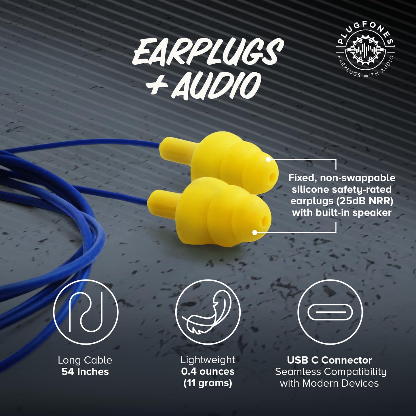Plugfones Basic Earplug-Earbud Hybrid Earplug Headphones 25 dB Noise Reduction Rating Wired Noise Reducing Earphones Safety Earplugs for Work USB C…