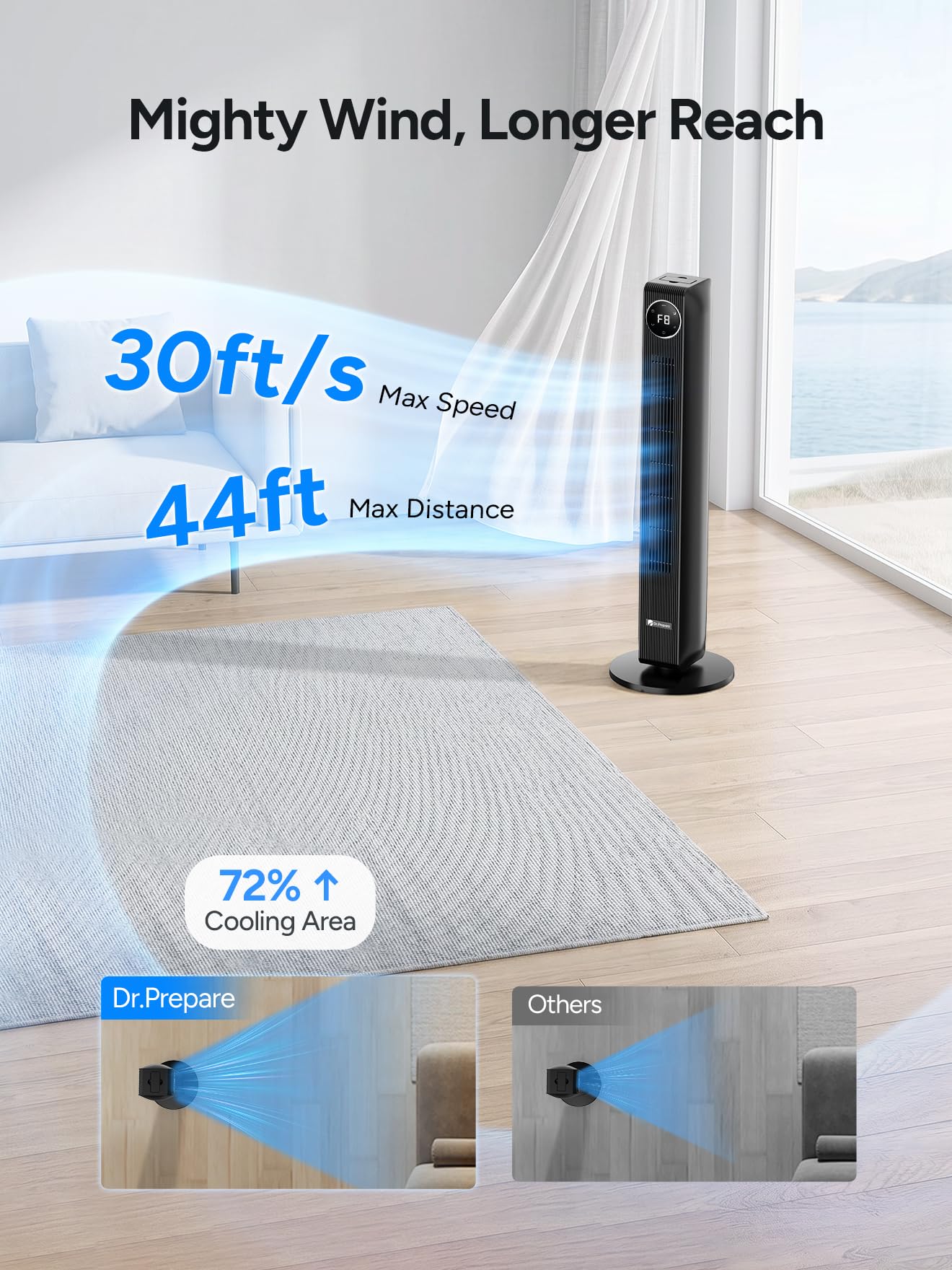 DR.PREPARE 40” Tower Fan for Bedroom, 30ft/s Airflow, 8 Speeds, Quiet Standing Fan, 85° Oscillating Cooling Fan, 3 Modes, 12H Timer, Bladeless Fan