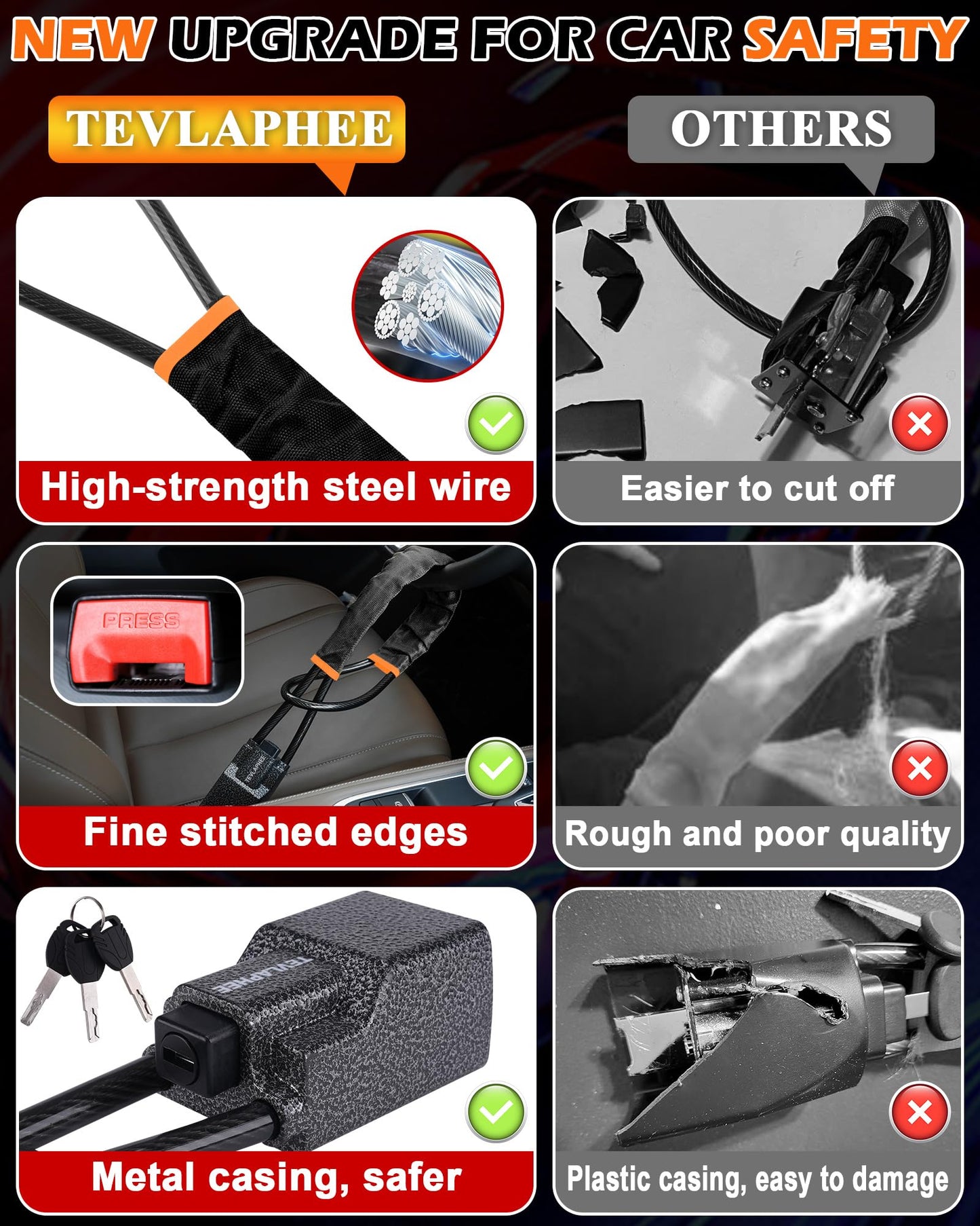 Tevlaphee Steering Wheel Lock Seat Belt Lock Universal Anti Theft Car Device Car Lock Car Theft Prevention with 3 Keys for Car Security Fit Most