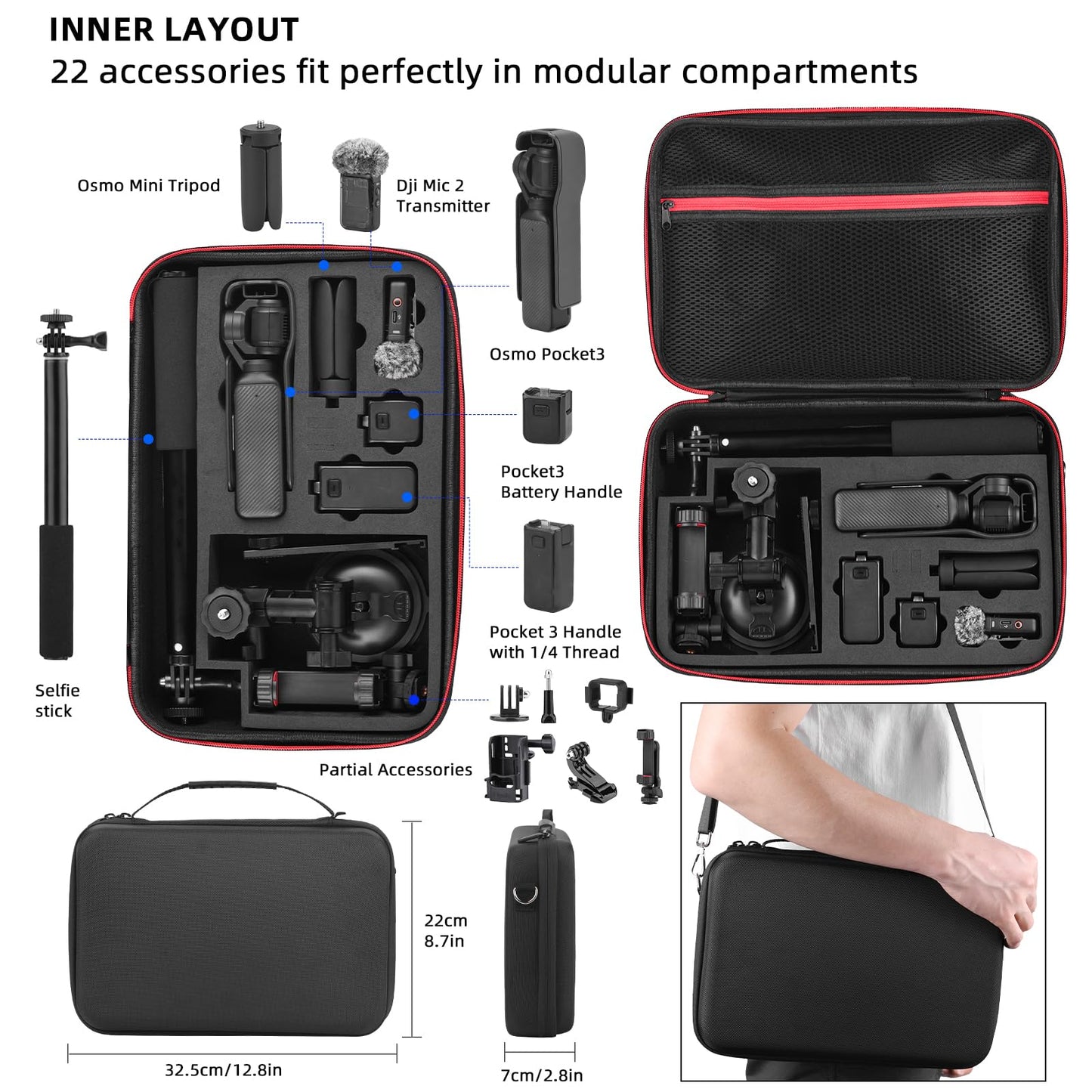 BRDRC 22 in 1 Pocket 3 Accessories Kit, Including Hard Case, Suction Car Mount, Tripod, Magnetic, Desktop Base, Selfie Stick, Chest Head Strap, Pocket