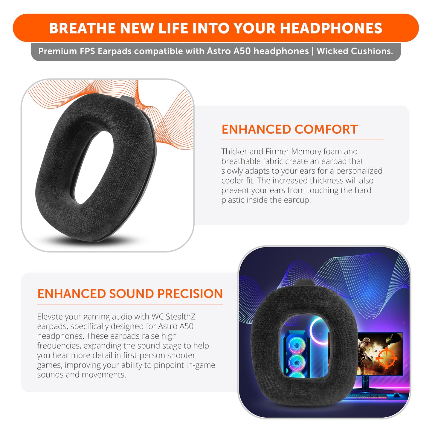 WC StealthZ A50 - FPS Oriented Earpads for Astro A50 Gen 4, Gen 5 & A50X by GadgetryTech & Wicked Cushions | Enhanced Sound Precision & Comfort