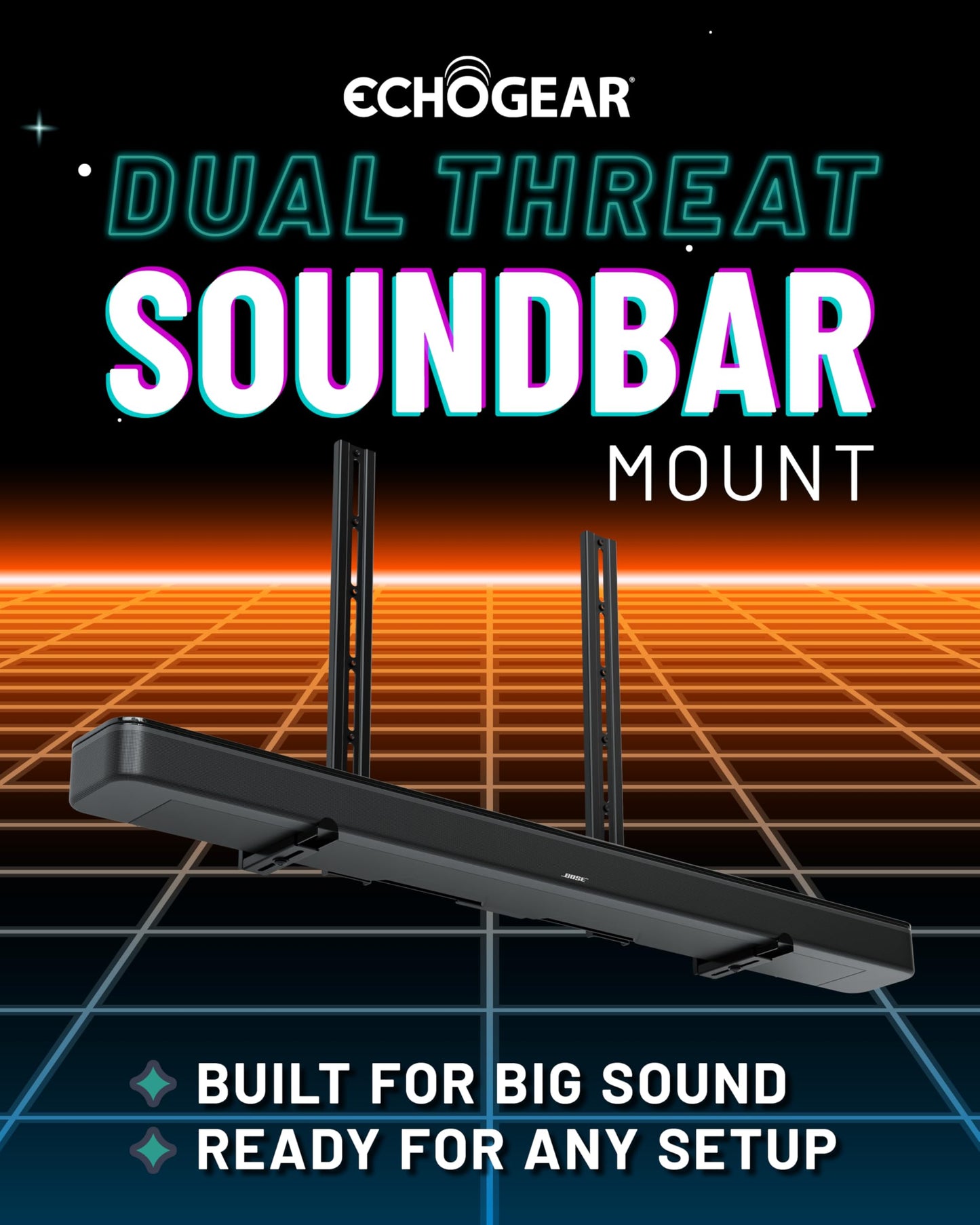 ECHOGEAR XL Soundbar Mount for Speakers up to 20lbs - Attaches to TVs up to 86” or Wood Studs 16-24”- Universal Design & 2.6” Extension for Dolby
