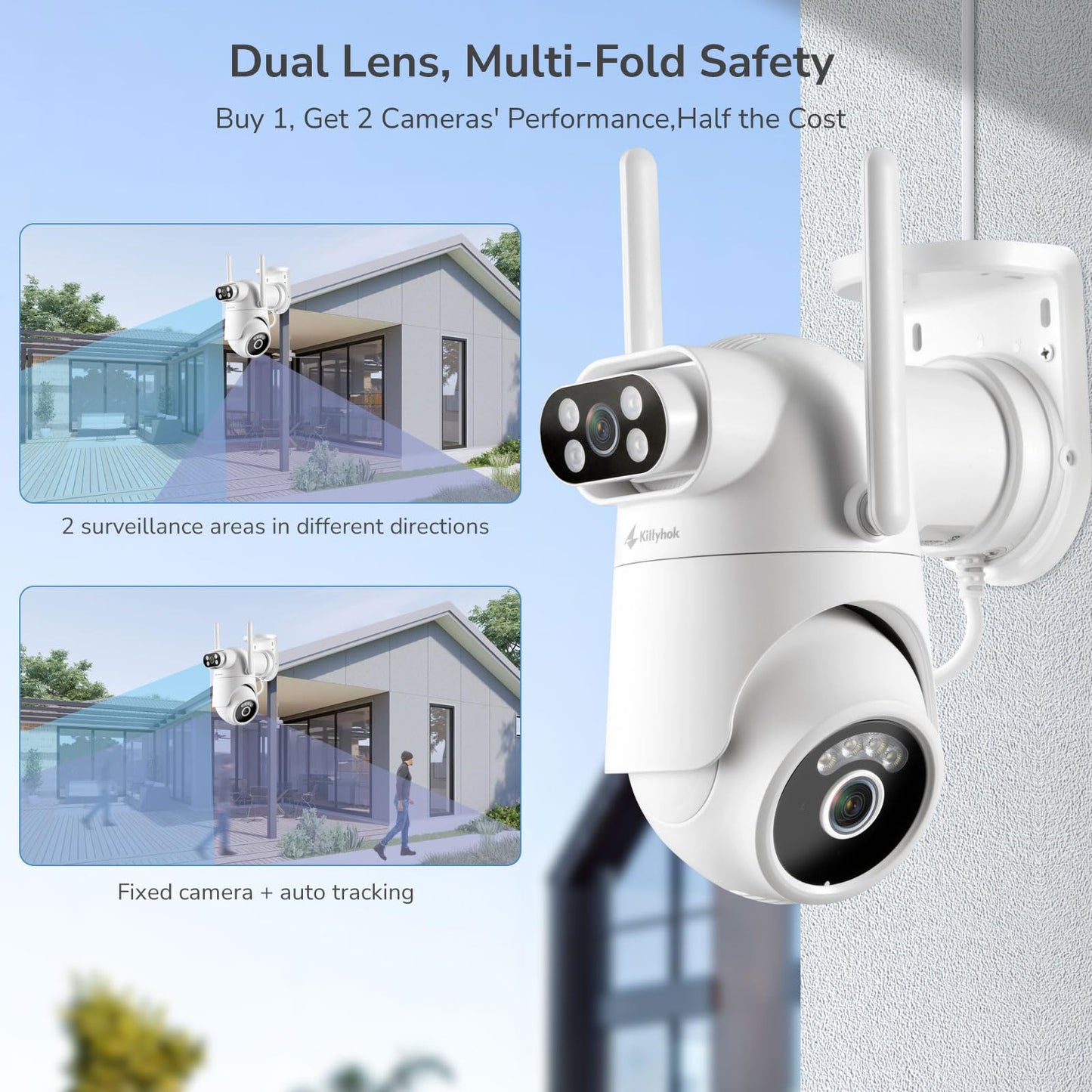 Home Security Camera System Wireless, Dual Lens 2K Security Cameras Wireless Outdoor with 2.4/5GHz WiFi, 360° PTZ, Auto Tracking, Motion Detection