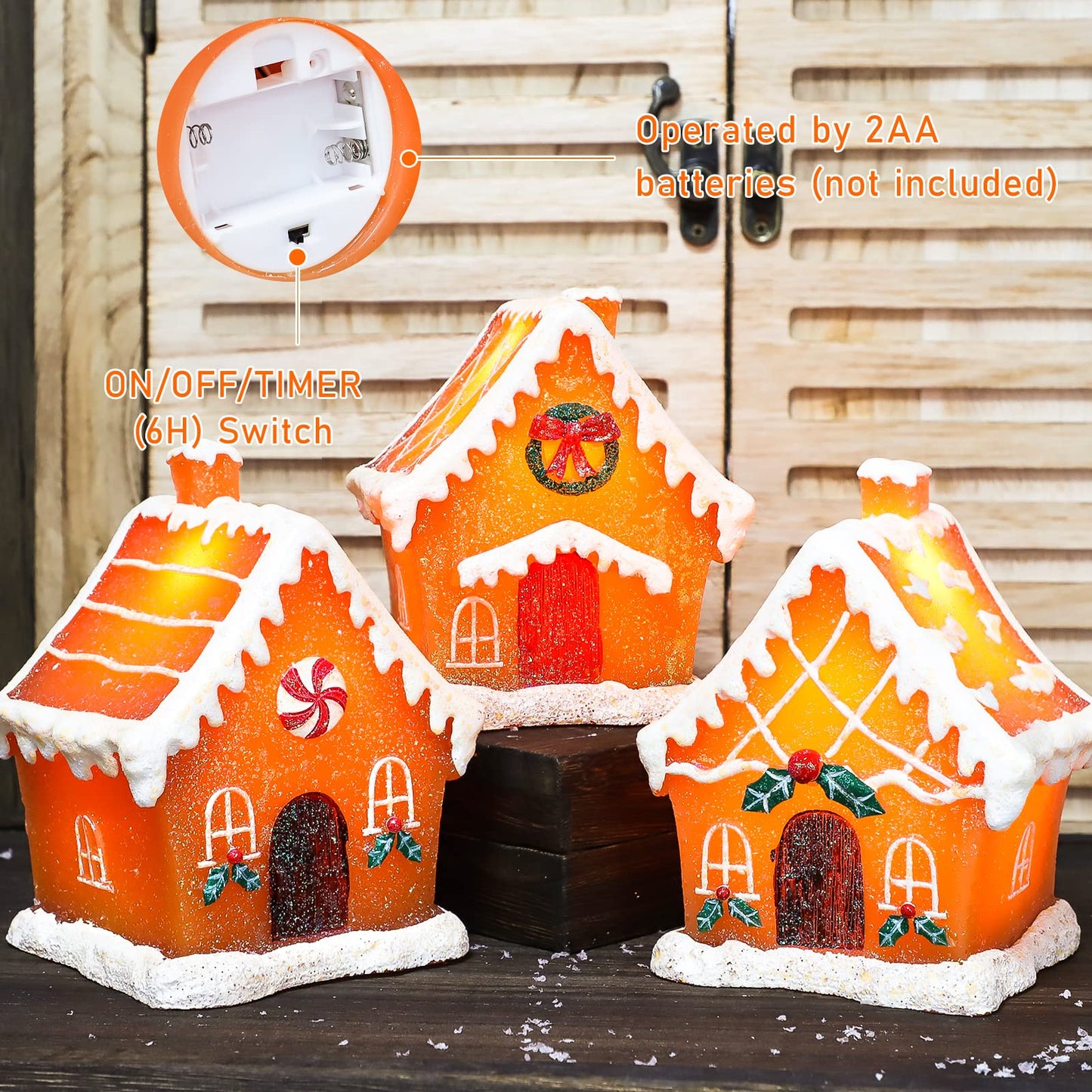 Christmas Gingerbread House Tabletop Decoration Lighted Christmas Village House Real Wax Battery Operated with Remote Flickering LED Light Christmas
