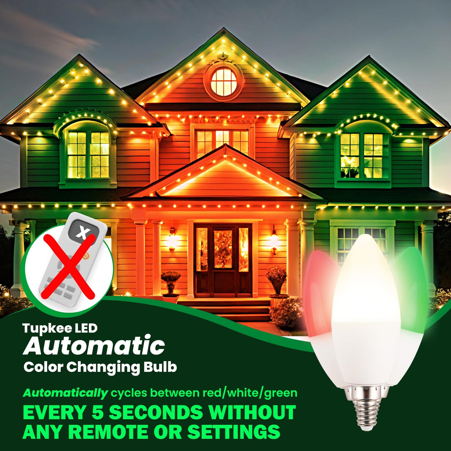 Tupkee LED Automatic Color Changing Bulb - Automatically Cycles Between Red/Green/White Every 5 Seconds - C37/B11 Candle Bulb, E12 Base, 3W Christmas