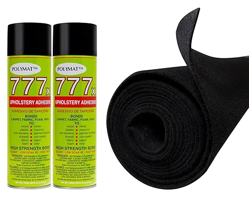 Polymat 2 cans 777 Spray Glue + 45FT x 3.75FT Wide (45FTX45INCHES) Black Speaker Sub Box Backed Carpet Truck Car Trunk Liner, Dash Cover, Interior
