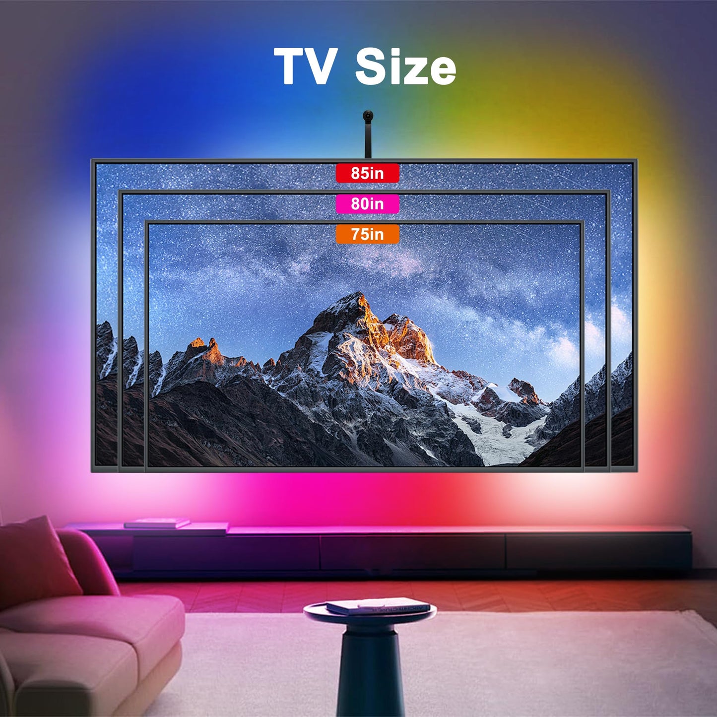 GHPFLOXQY TV Backlight with Camera for 75-85 Inch TV, 16ft LED Strip Lights that Sync with TV, 90 LEDs/m Bias Lighting, Music Sync LED Strip