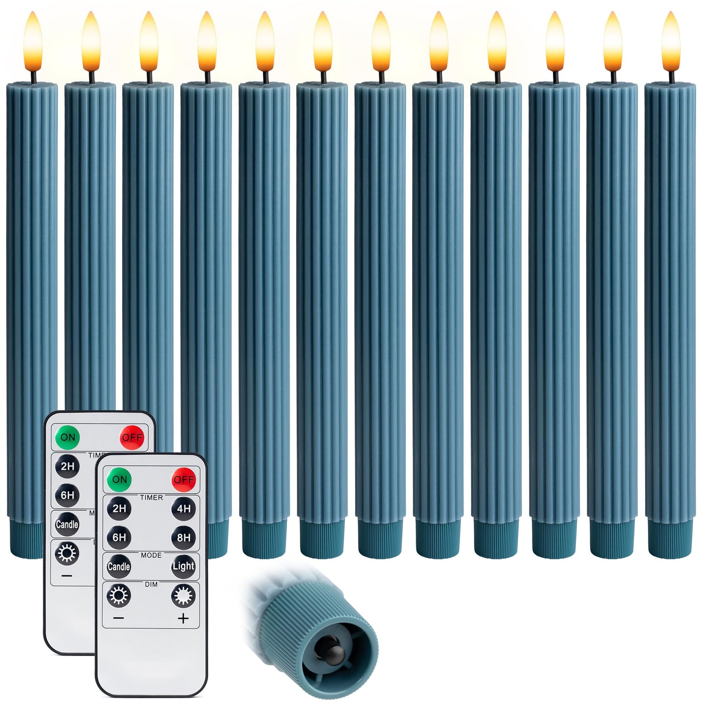 West Ivory 12 Pack, 10" LED Flameless Blue Fluted Ribbed Grooved Taper Candles with 2 Remotes & 24h Timer Memory, On/Off Button, Dimmable, Flicker