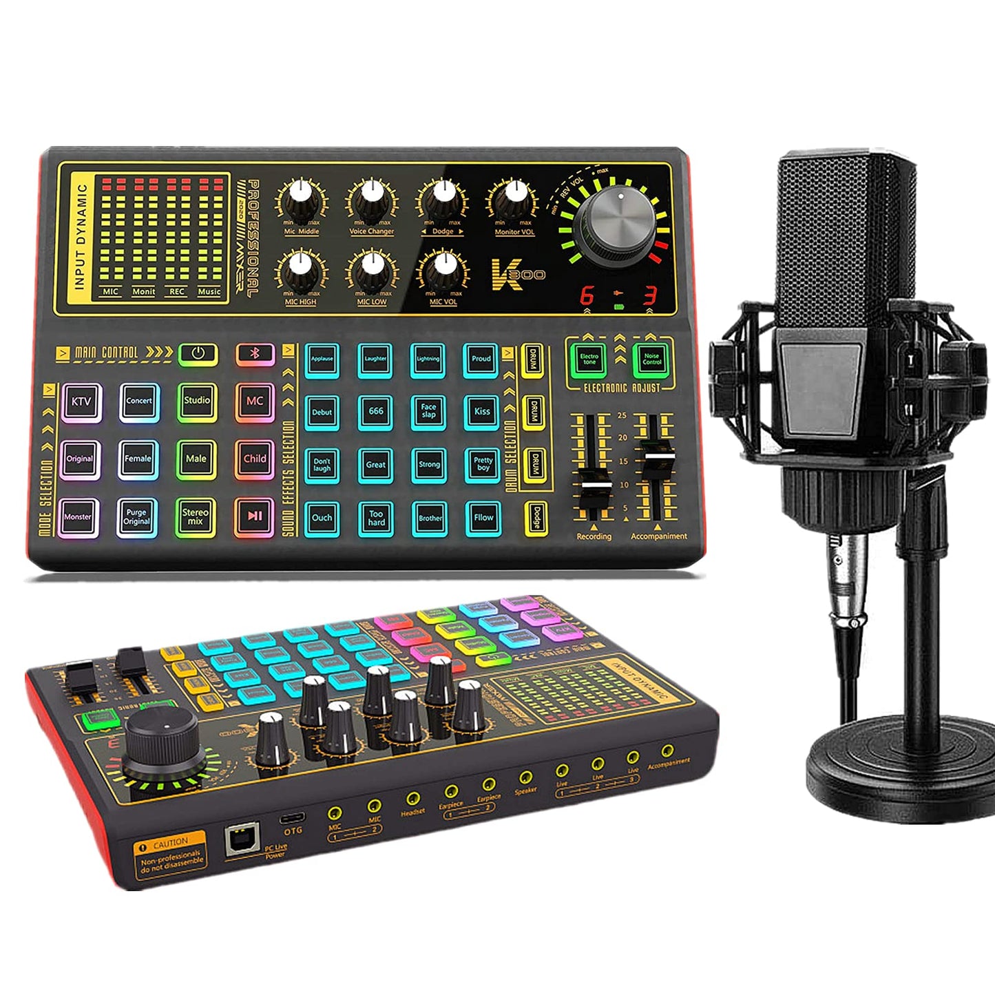 K300 Podcast Equipment Bundle, With Podcast Condenser Microphone, Voice Changer Sound Card with Multiple Sound Effects and LED Light, Prefect for