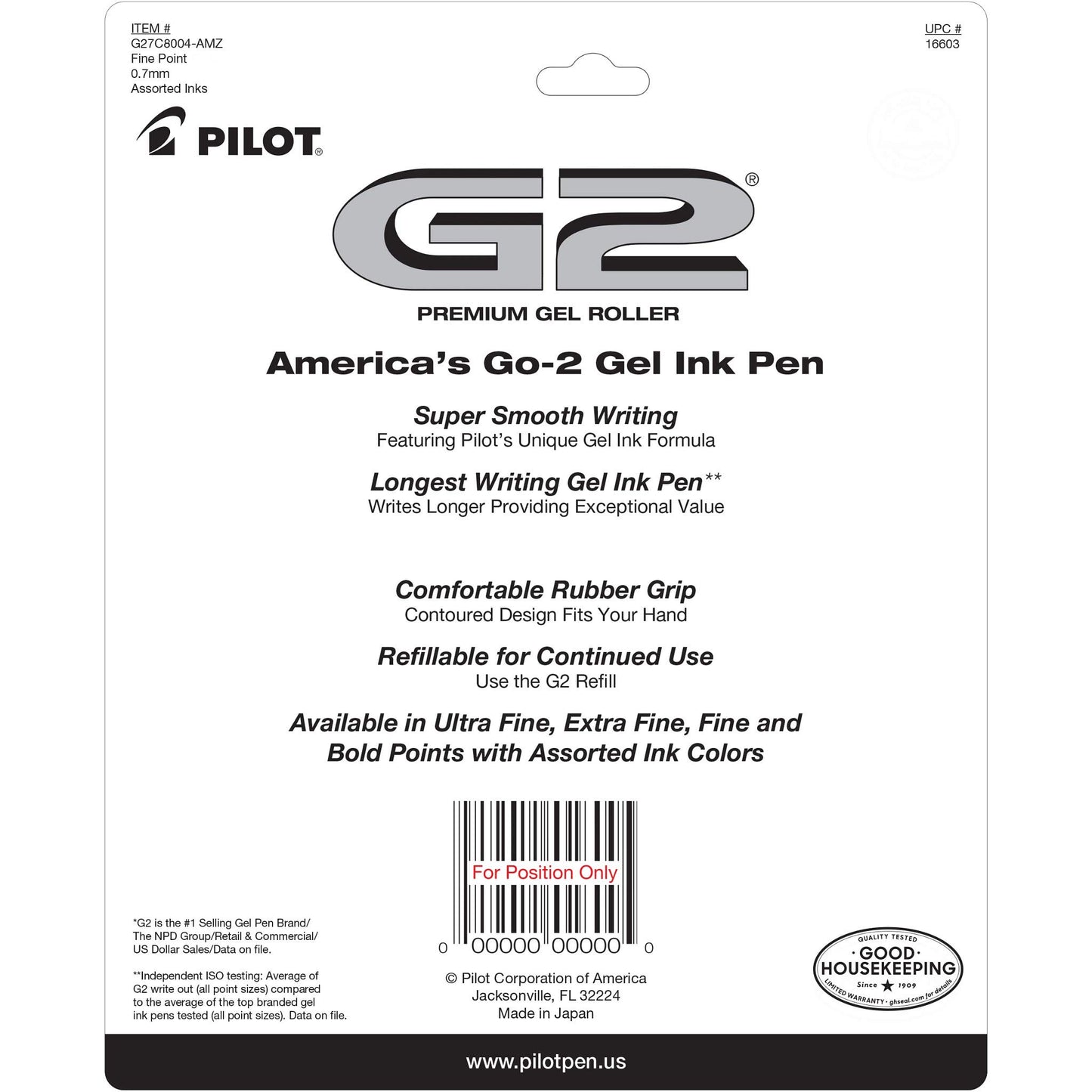 Pilot G2 Premium Refillable and Retractable Gel Ink Pens Fine Point (0.7mm), Retractable Pens, 7 Colors, 8 Count