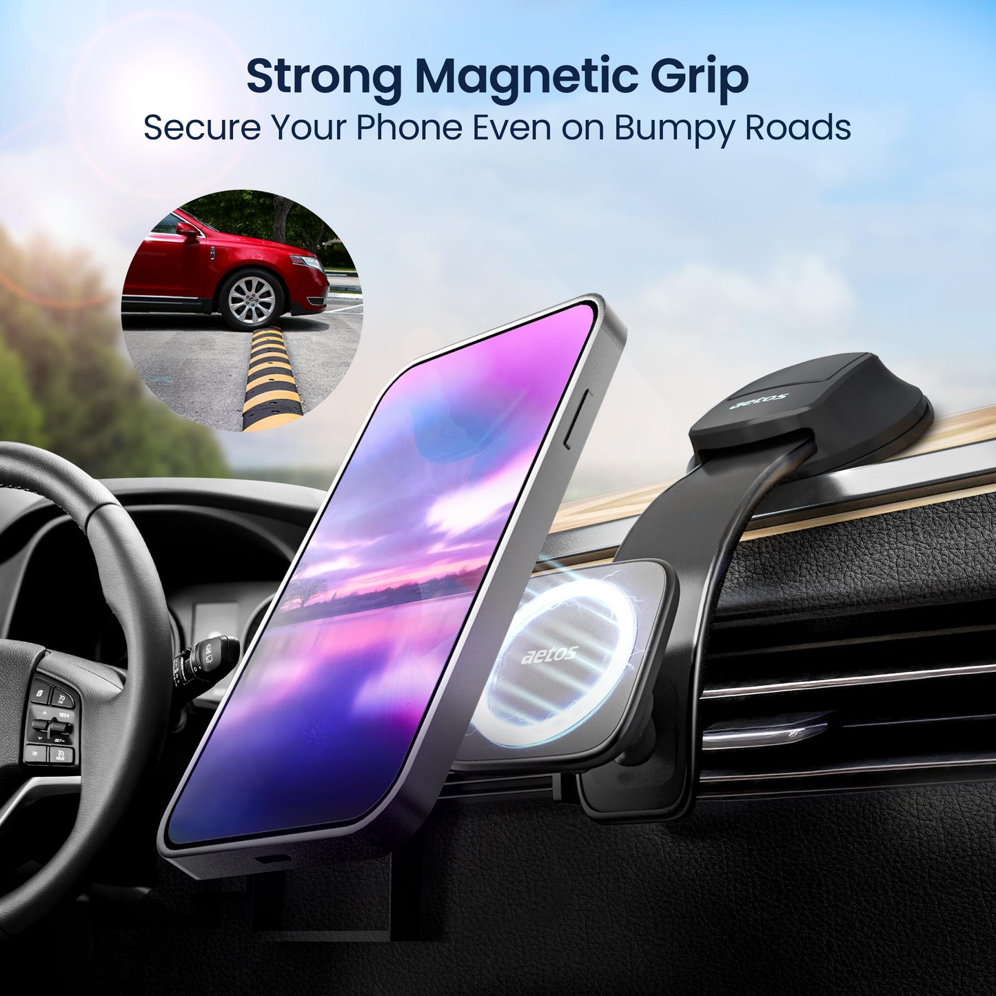 aetos for iPhone MagSafe Car Mount Magnetic Phone Holder with Adhesive Suction Base, Fits iPhone 17/16/15/14 Pro/Plus/Max and Android Phones with Ring
