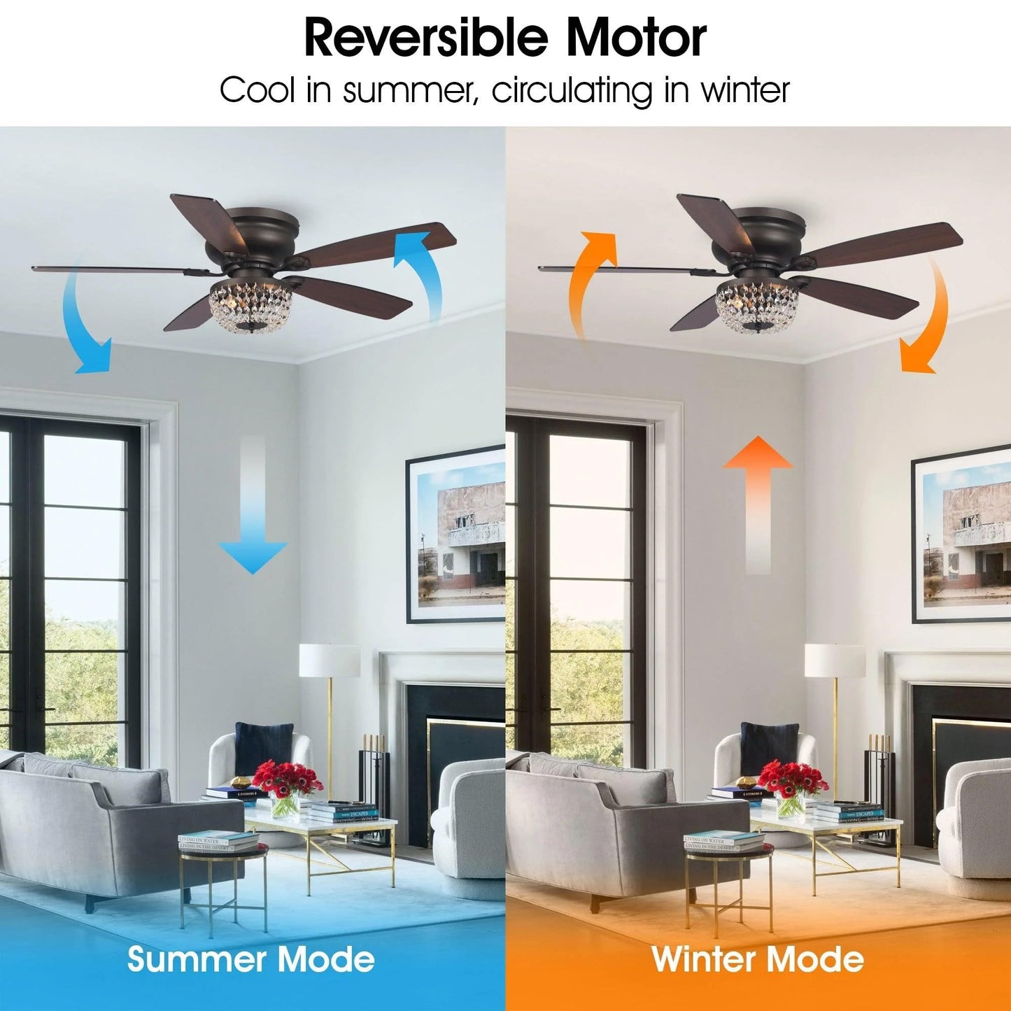 Vaczon 48 Inch Low Profile Ceiling Fan with Light: Farmhouse Caged Fandelier, Crystal Flush Mount Ceiling Fan with Remote, Indoor/Outdoor Use