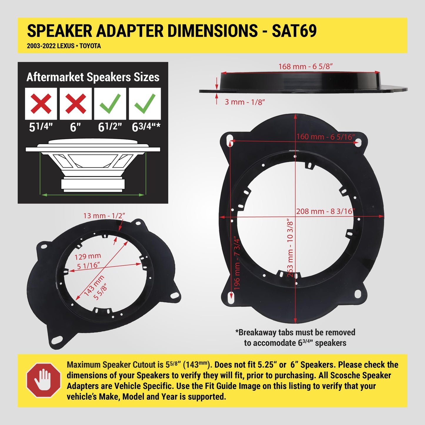 Scosche SAT69 6X9" to 6.5-6.75” Speaker Adapters Compatible with Select 2003-22 Lexus and Toyota Vehicles - 6 1/2" to 6 3/4" Adapter for Car Door