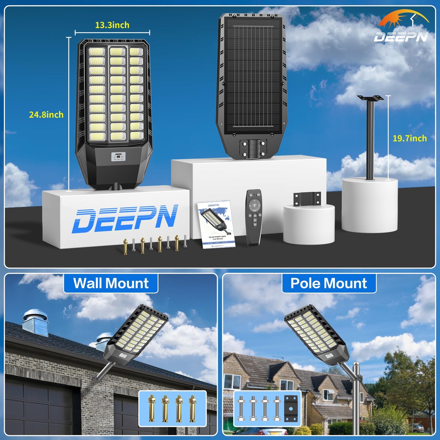 Deepn Solar Street Light, Commercial Grade Solar Lights Outdoor IP67 Waterproof, 9800W LED Flood Security Lights Motion Sensor & Dusk to Dawn Outdoor