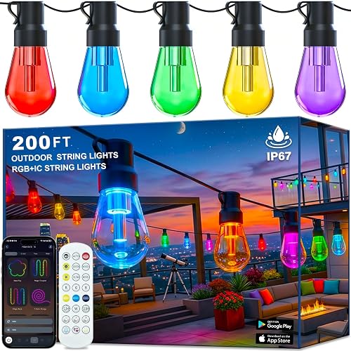 Outdoor String Lights,200FT Smart RGB+IC Patio Lights with Shatterproof LED Bulbs ,Outside Light Dimmable Patio for Decor DIY IP67 Waterproof