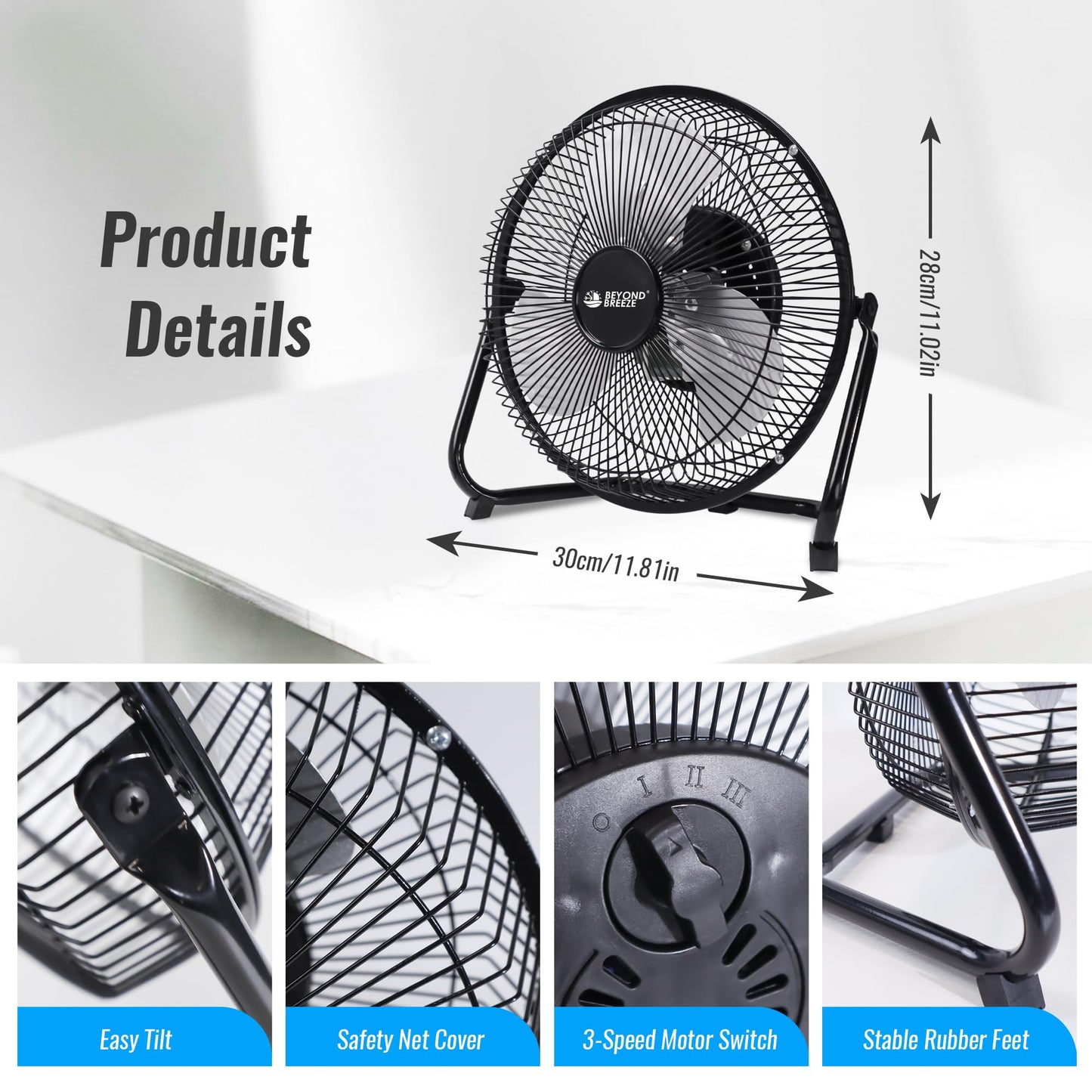 BEYOND BREEZE 9 Inch Metal Floor Fan with Upgraded Airflow, Black
