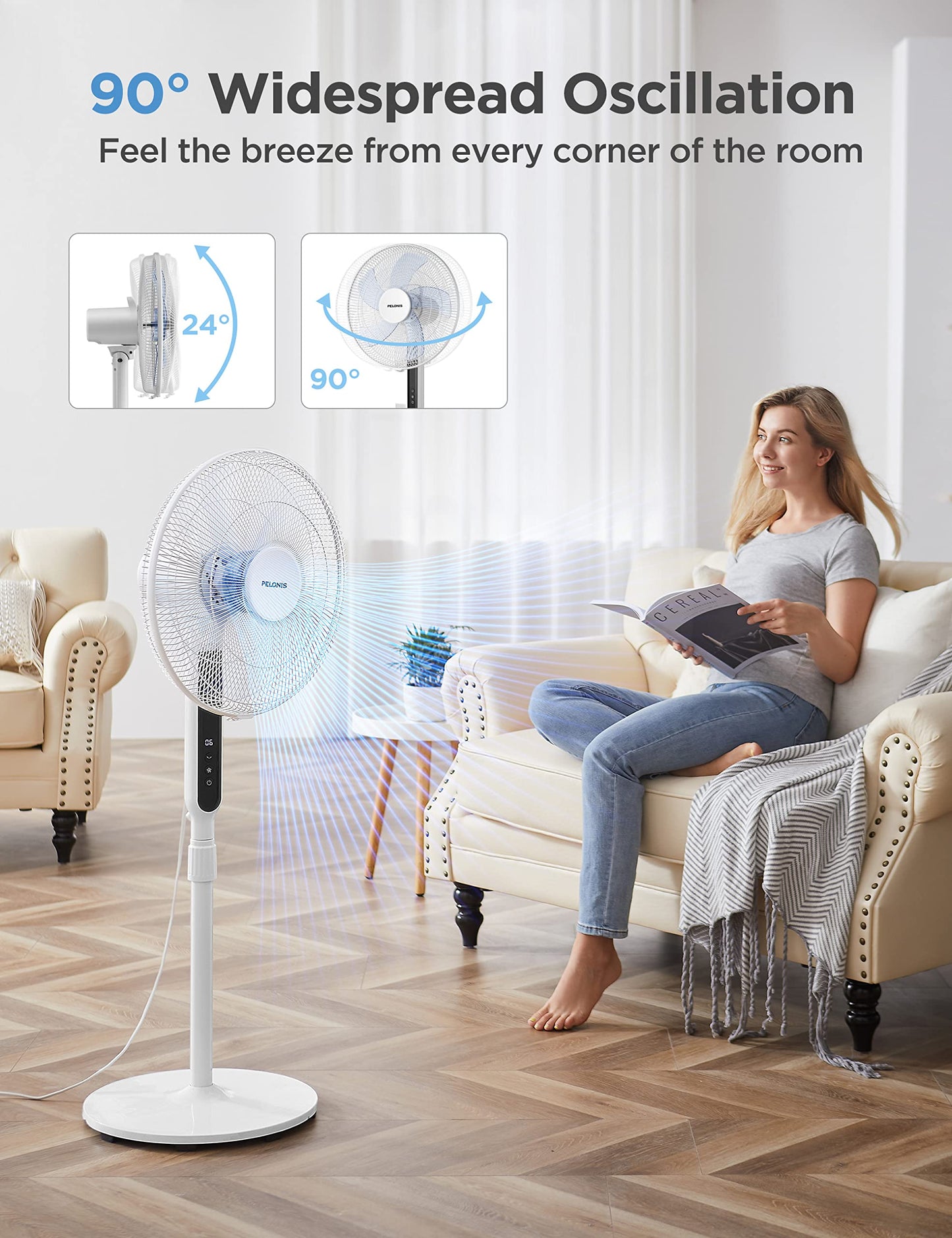 PELONIS 16" Oscillating Pedestal Stand Up Fan | Adjustable Height | Ultra Quiet DC Motor | Remote Control | 12 Speed | 12-Hour Timer | High Energy