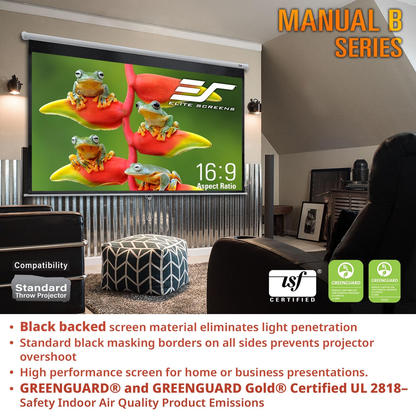 Elite Screens Manual B, 100-INCH Manual Pull Down Projector Screen Diagonal 16:9 Diag 4K 8K 3D Ultra HDR HD Ready Home Theater Movie Office