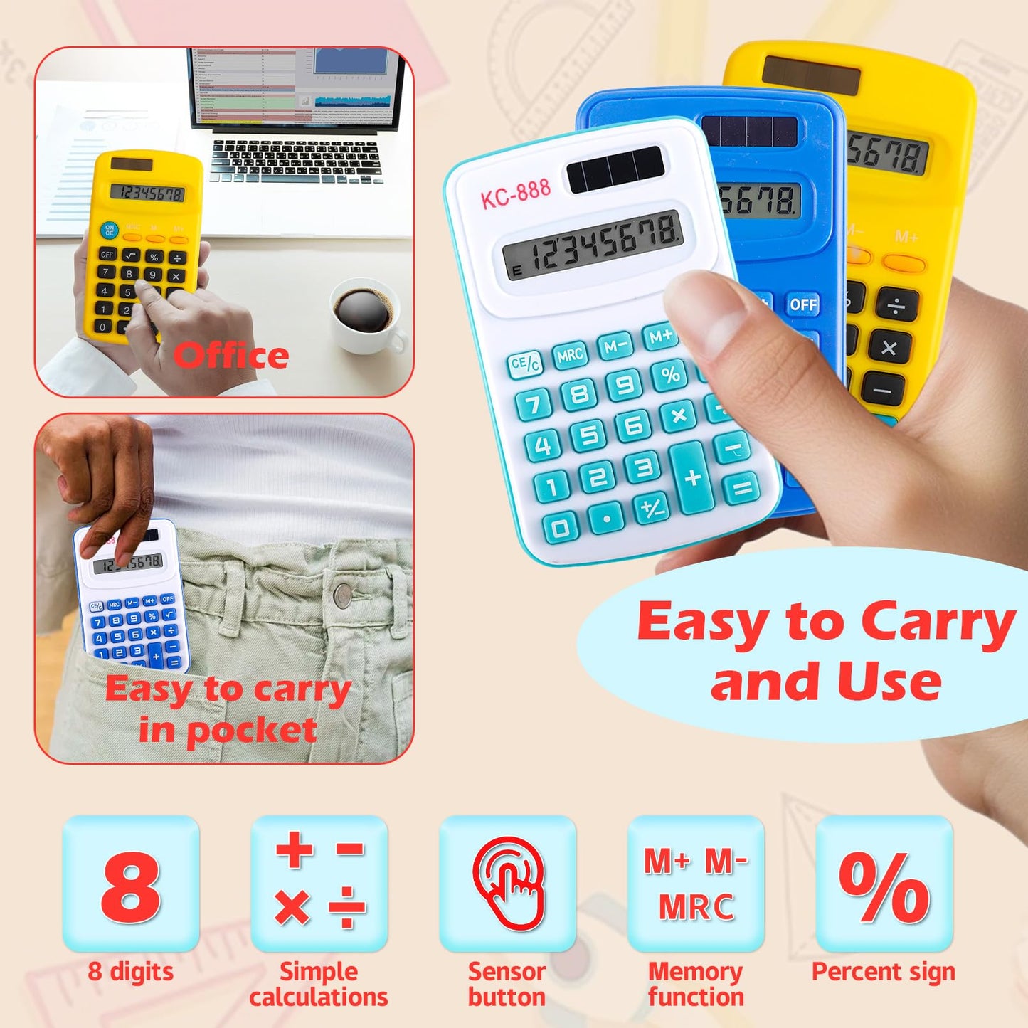 CACASO 48 Pcs Pocket Calculator,Pocket Size Basic Calculators,8 Digit Display Solar Battery Dual Power Desktop Calculators,Mini Calculator
