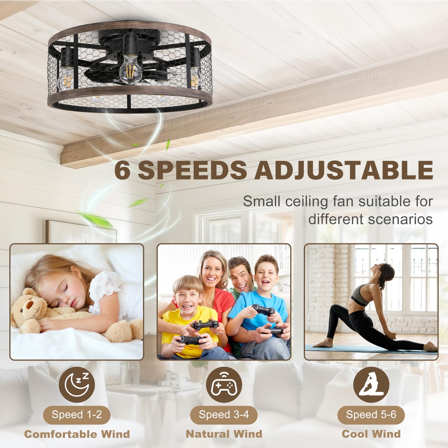 Ohniyou 20" Rustic Farmhouse Caged Ceiling Fan with Lights and Remote