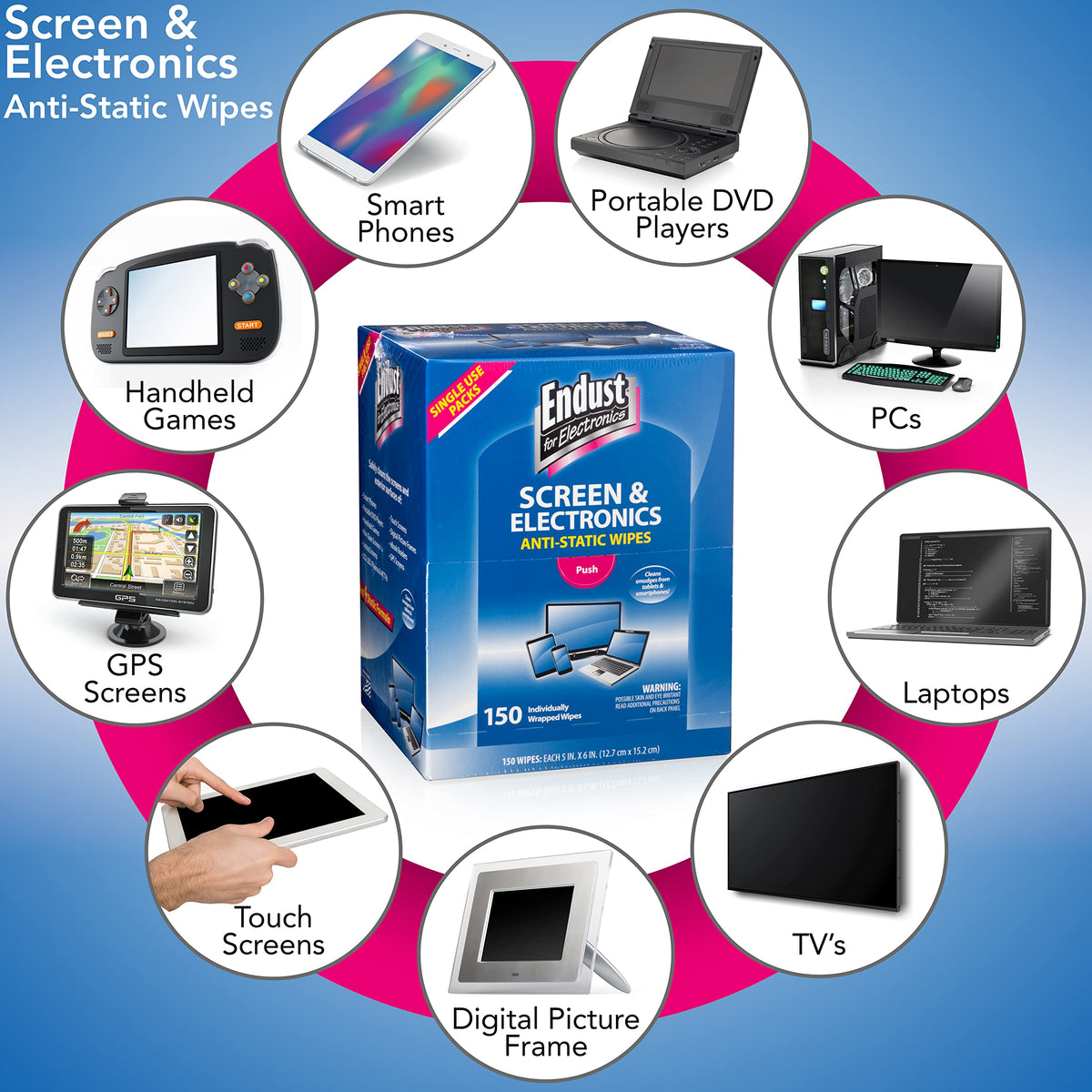 Endust for Electronics; Individually Wrapped, Portable, Anti-Static, Screen & Electronics Cleaning Wipes; 150 Count (14316)