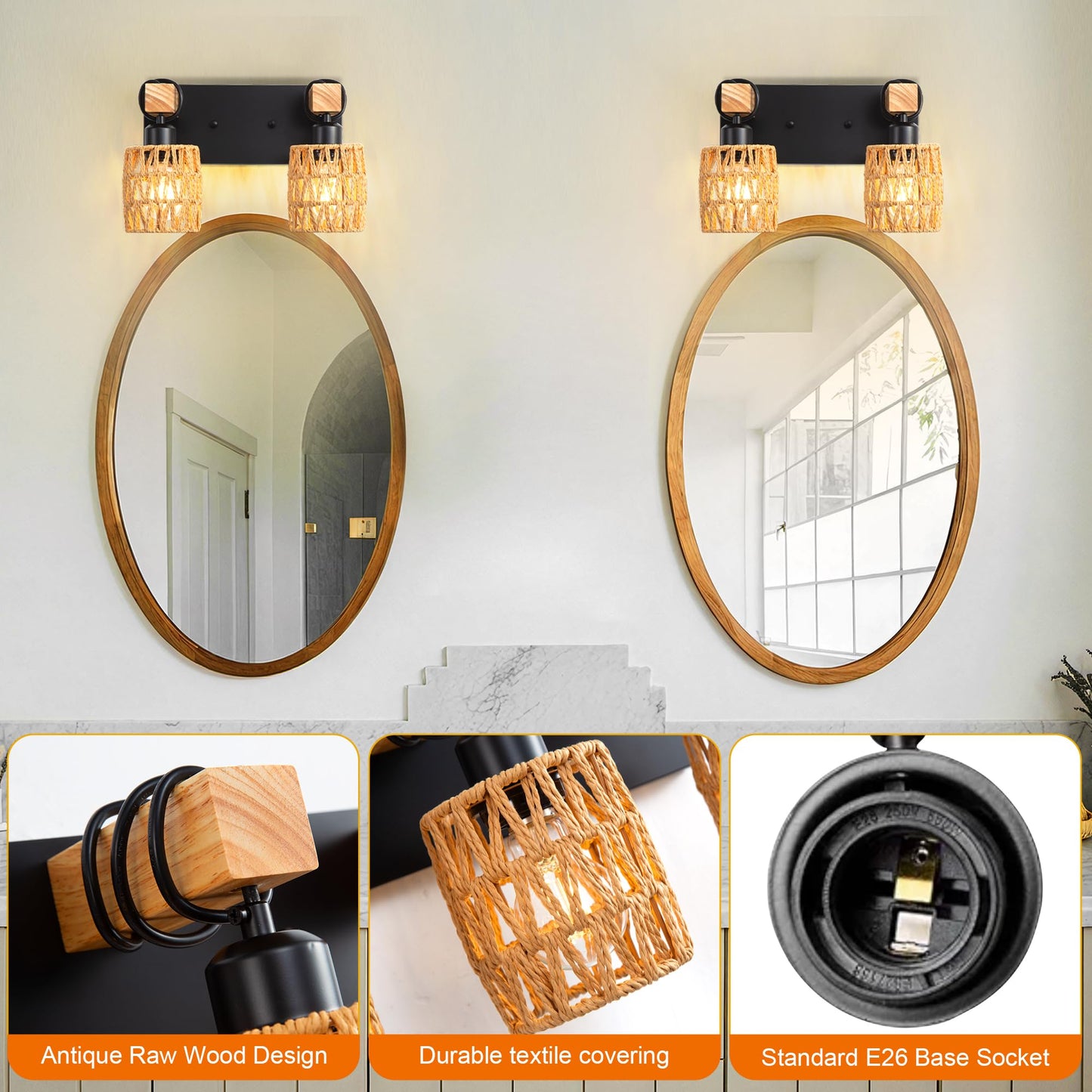 2-Light Boho Bathroom Vanity Light Fixture, Handwoven Rattan Wall Sconce with Solid Wood Arm, Farmhouse Wicker Bathroom Lighting Over Mirror, E26 Wall
