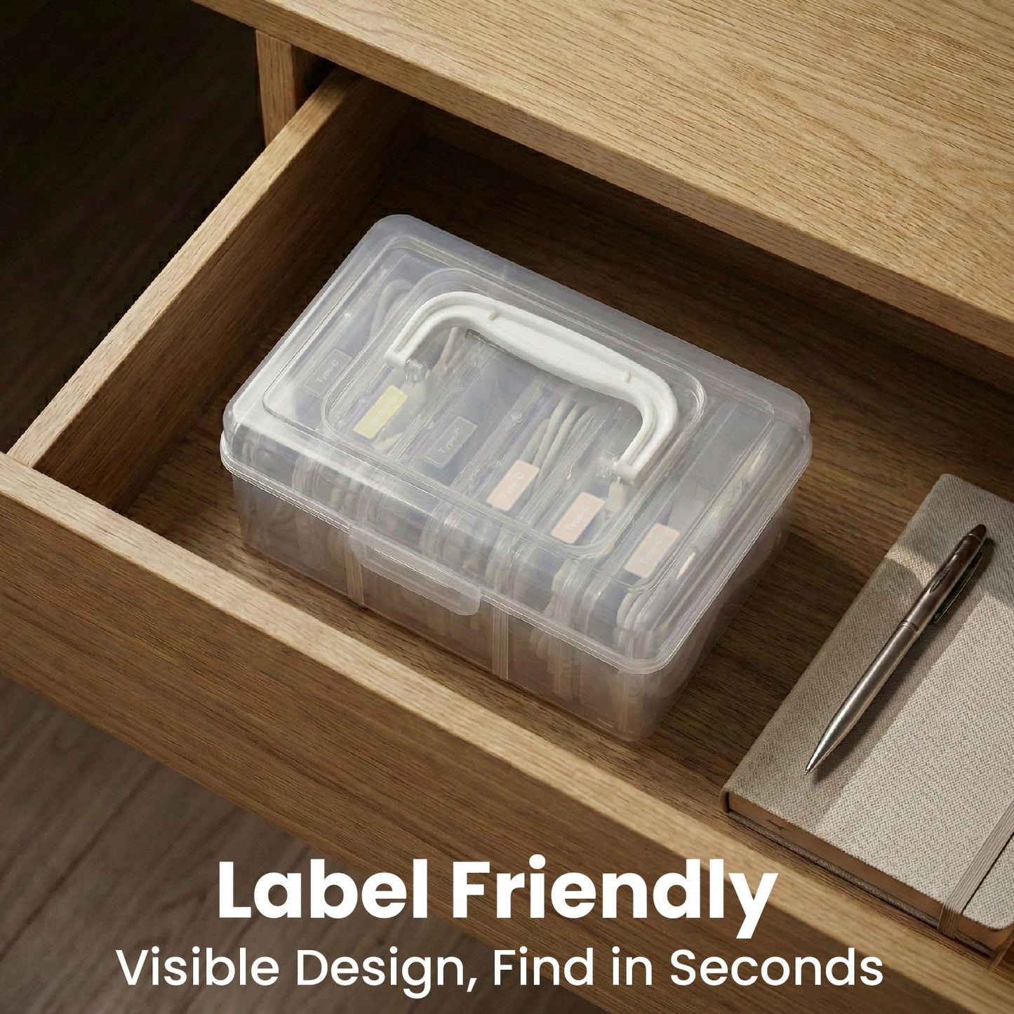 Portable Cord Organizer Box with Handle, 7 Clear Cable Storage Cases and Labels, Travel Cable Holder for Charging Cords, USB Wires, Earphones - Home