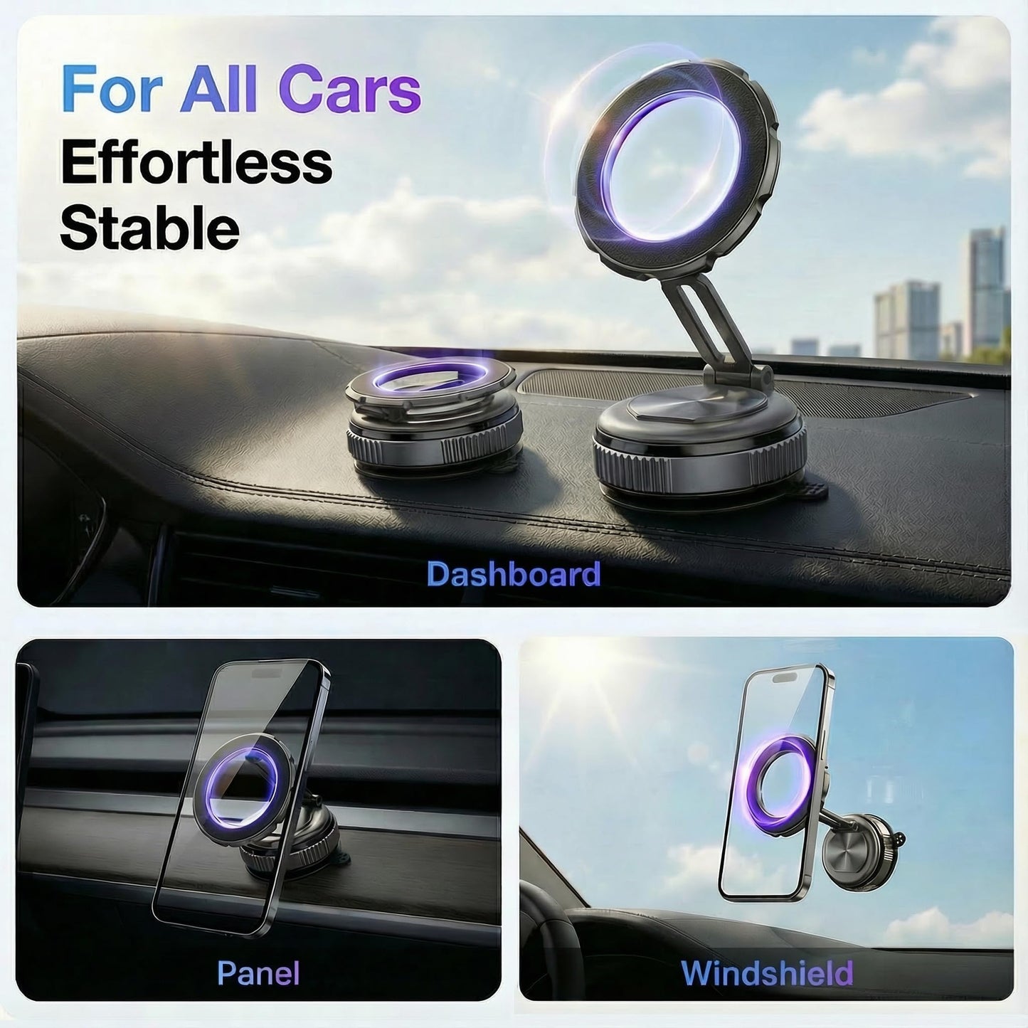 FS NANO Magnetic Phone Holder for Car, Vacuum Suction Cup MagSafe Mount with N55 Magnets, 360°/210° Adjustable Foldable Aluminum Design, Compatible