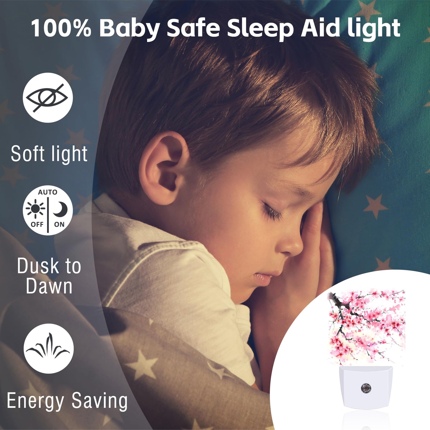 sndheke Watercolor Cherry Blossoms Tree Night Light for Kids,Abstract Pink Floral Night Light Plug in with Dusk to Dawn Sensor,0.5w Energy Saving