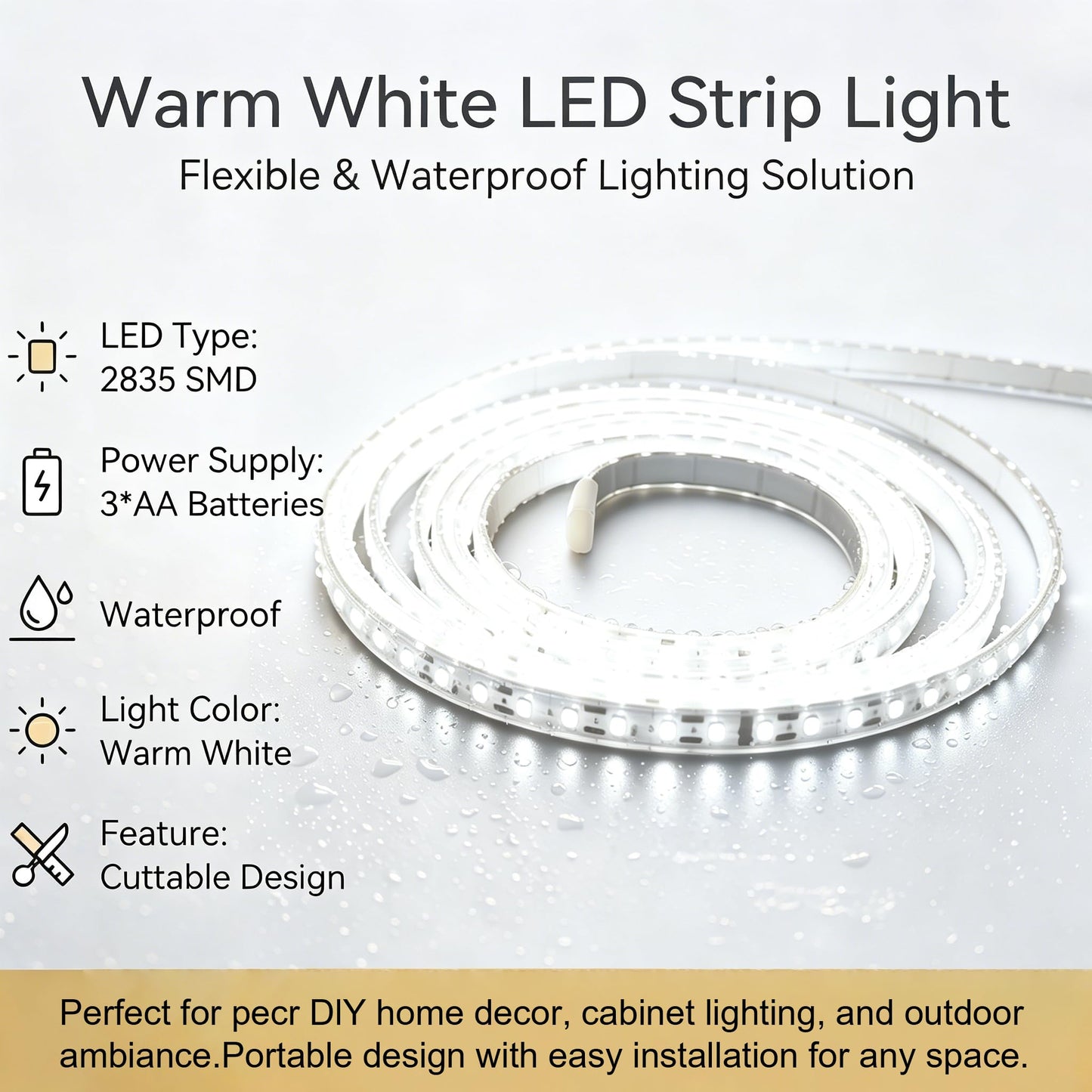 XINGZHI Waterproof Battery Powered LED Strip Lights for Home Kitchen Bedroom TV Backlighting Waterproof, Powered by 3 AA Batteries, Soft and Flexible