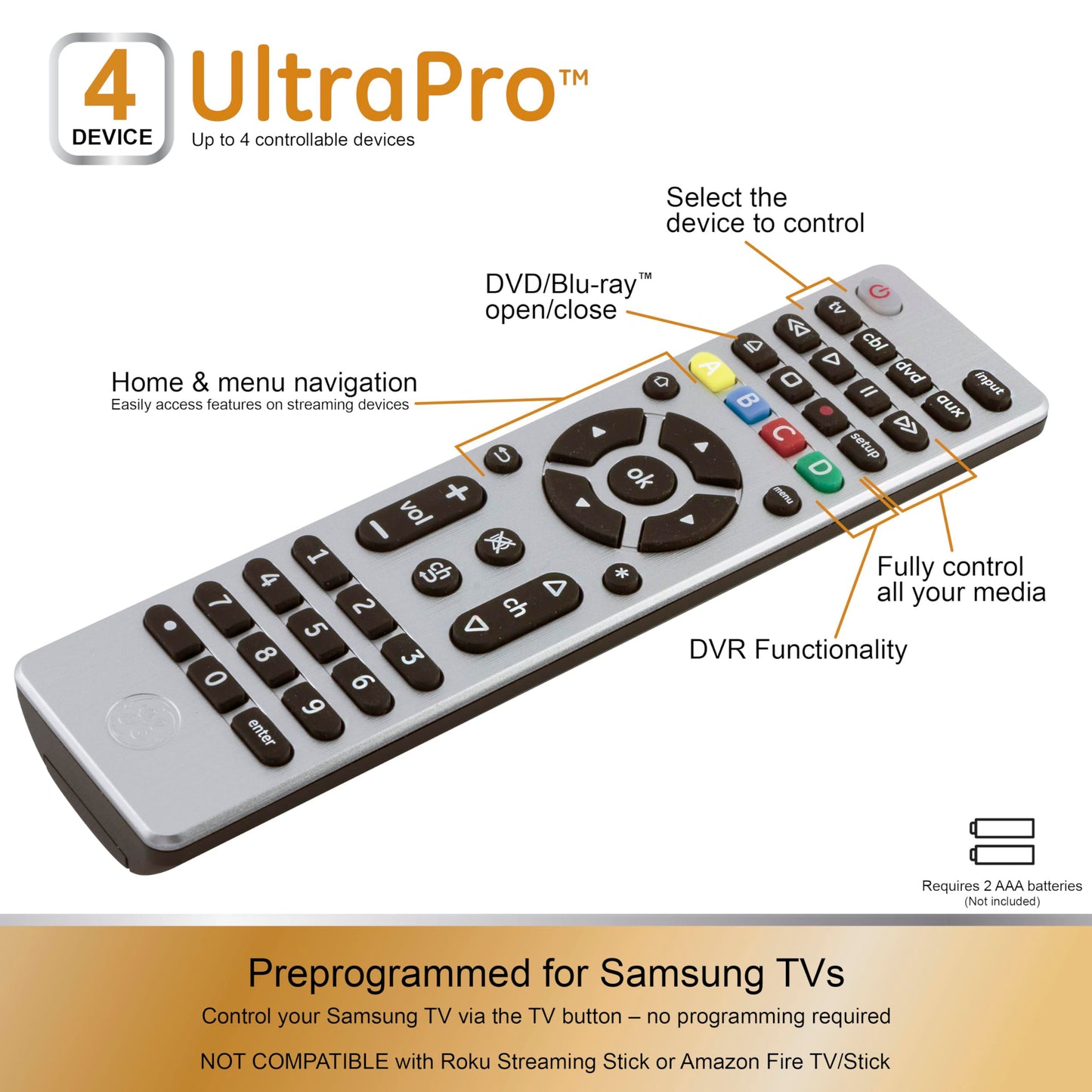 GE Universal Remote Control for Samsung LG RokuTV Vizio Sony Philips Sharp RCA Sanyo Element Smart TVs Soundbars Streaming Players Blu-Ray and More