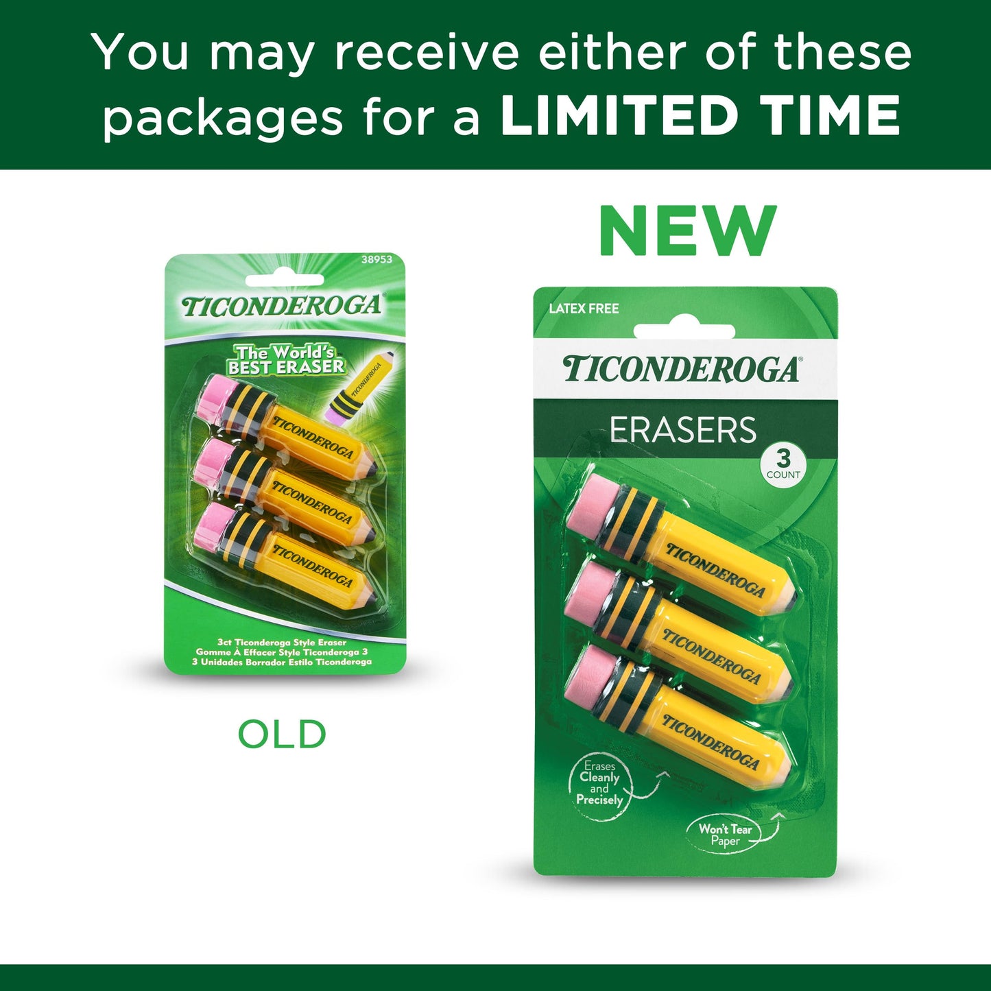 TICONDEROGA ® Erasers, Pencil Shaped, Yellow, 3 ct (38953)