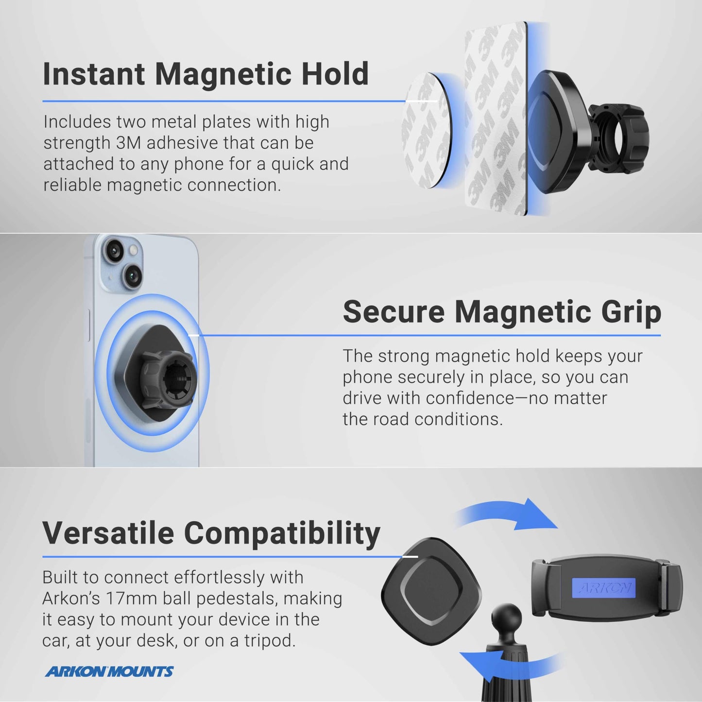 ARKON Mounts Heavy-Duty Magnetic Phone Holder Kit for 17mm Ball End Mounts | Includes Easy to Install Adhesive Magnetic Mounting Plates | Compatible