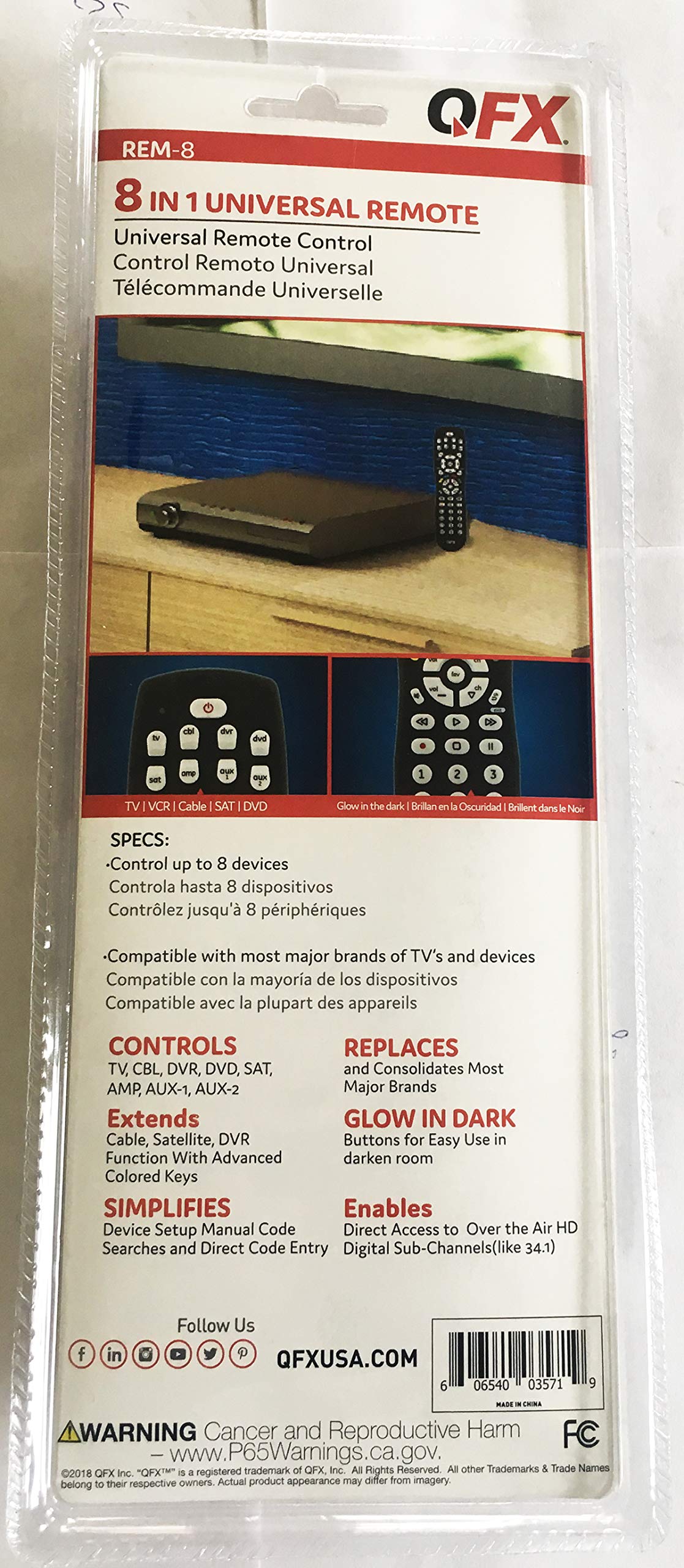 QFX 8-in-1 Universal Remote with Glow-in-The-Dark Buttons (REM-8)