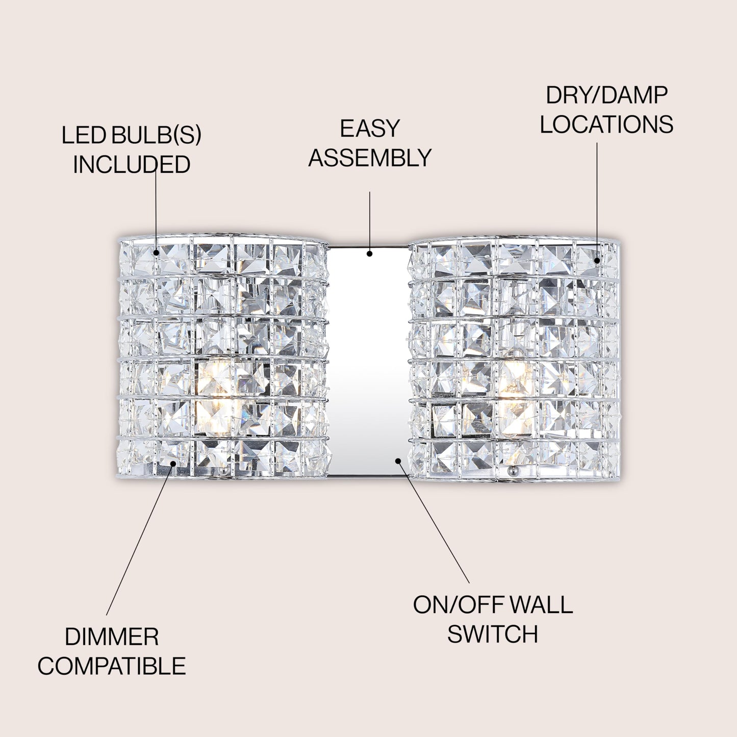JONATHAN Y 15" Chrome Modern LED Vanity Light Sconce for Bathroom Decor, 2-Light, Clear Crystal Shade, Glam Wall Lighting for Hallway Entryway, LED
