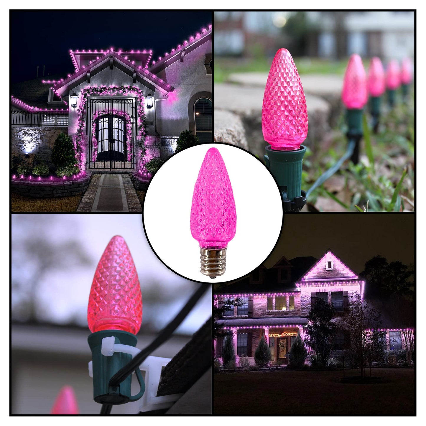 MIK Solutions C9 LED Bulb (Pack of 25) LED Pink Replacement Christmas Light Bulbs Faceted Retrofit Candle Shape Commercial Grade E17 Socket Roof