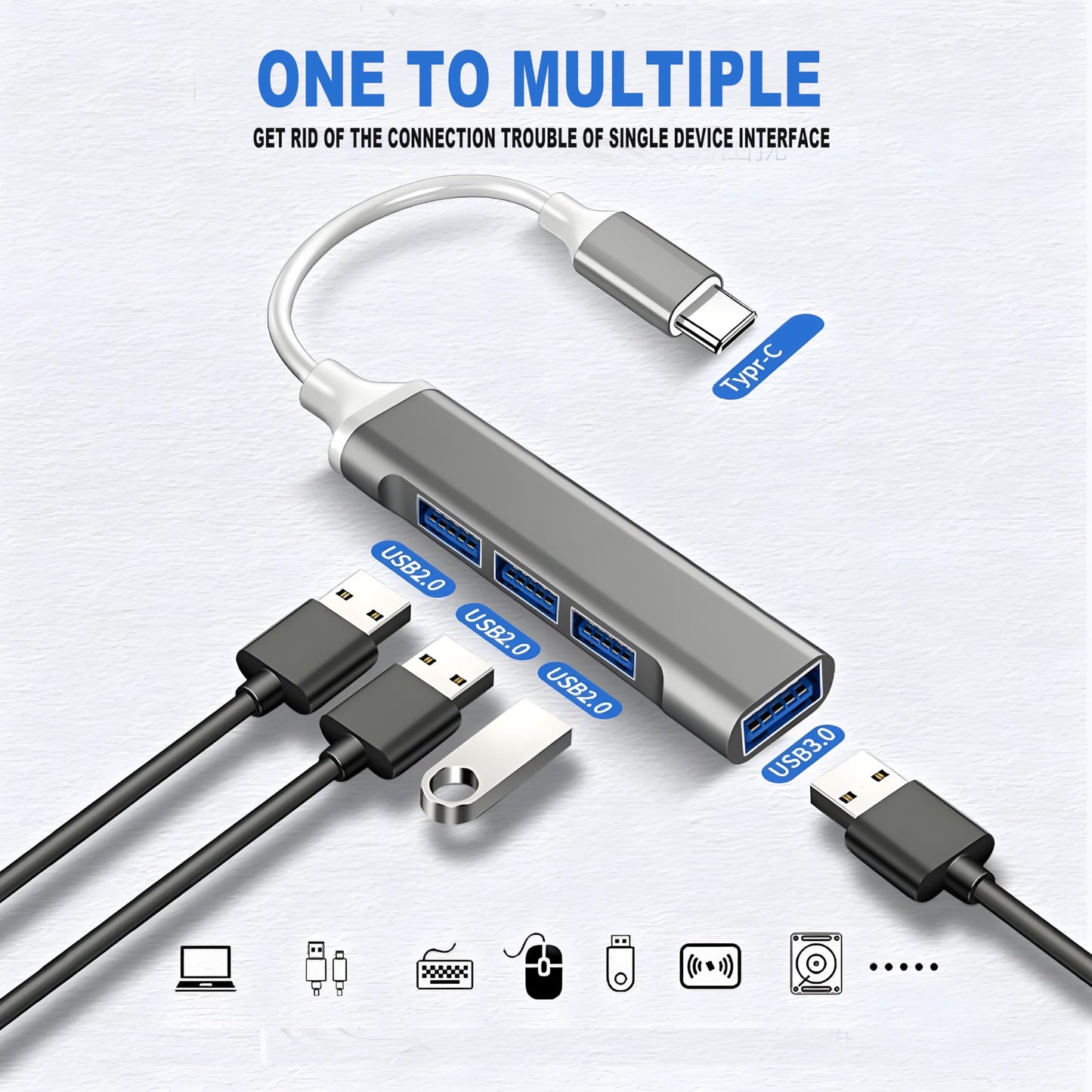 USB Type-C to Multi-Port USB Adapter, 1 Type-C, 4 USB 3.0 Ports (DUCK DANCE)