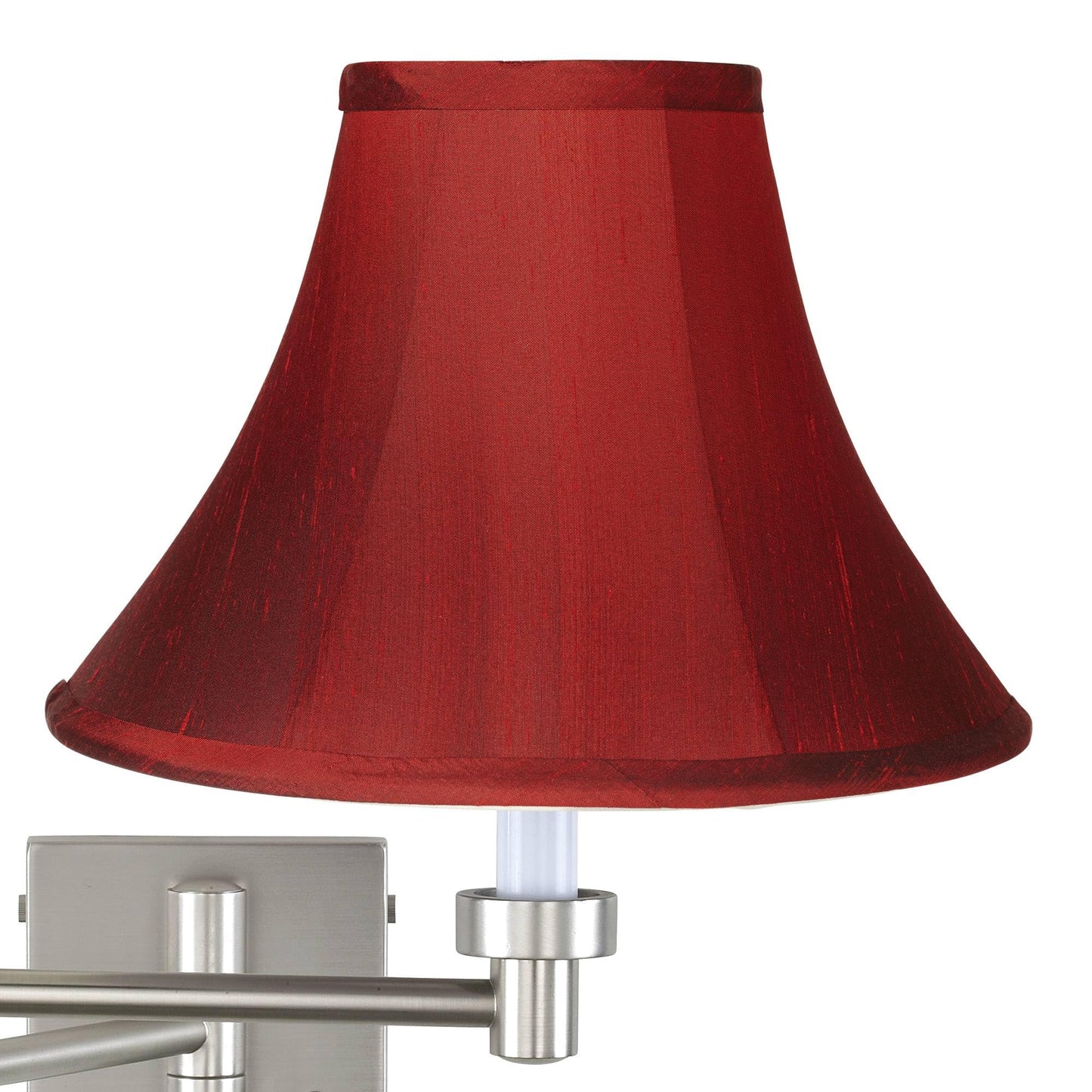 Possini Euro Design Swing Arm Wall Mounted Lamp Brushed Nickel Plug-in Light Fixture Dimmable Deep Red Dupioni Silk Bell Shade for Bedroom Bedside