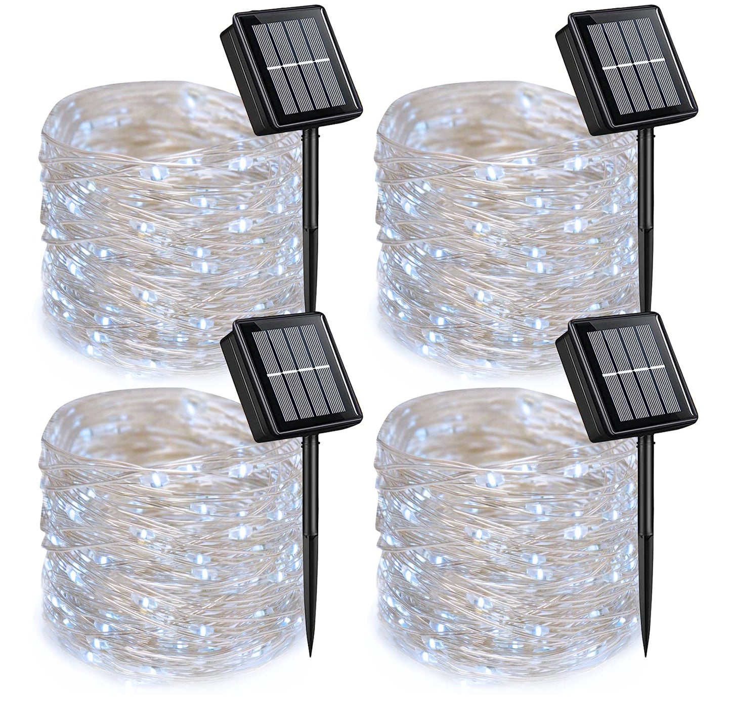 QITONG 4 Pack Solar Fairy Lights, Each 33ft 100 LED White Christmas String Light Outdoor Waterproof, 8 Modes Silver Wire Christmas Twinkle Mini Lights
