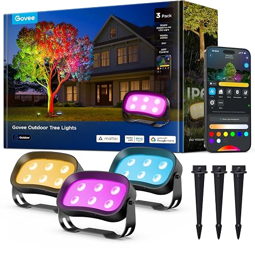 Govee Outdoor Tree Lights 3-Pack, RGBWIC LED Landscape Lighting, Outdoor Lights for Yard Garden Patio, 66 Scene Modes for Holiday Party and Event, App