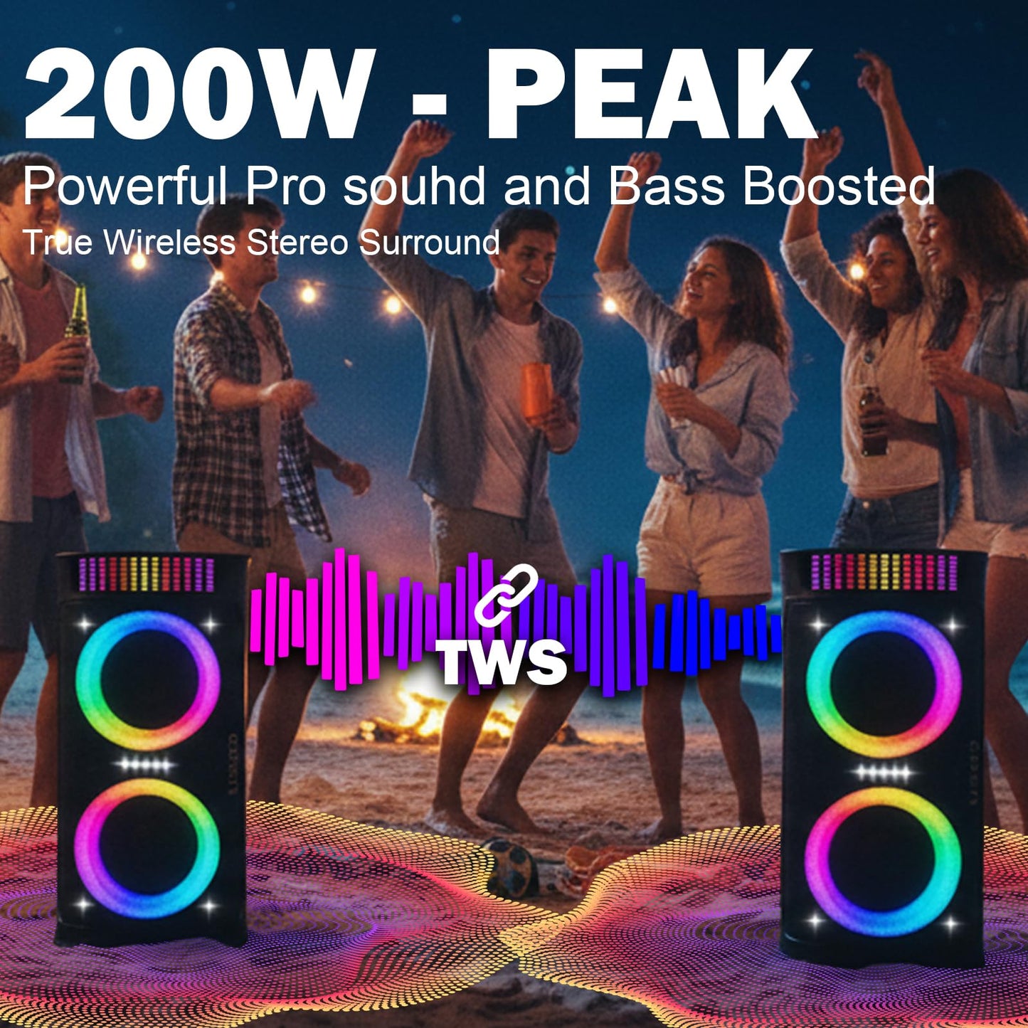 Large Party Speaker with Dual 6.5 Inch Woofers, 200W Peak Powerful Sound, TWS & 6 EQ Modes, Type-C Charging, LED Light Show, Wireless Microphone