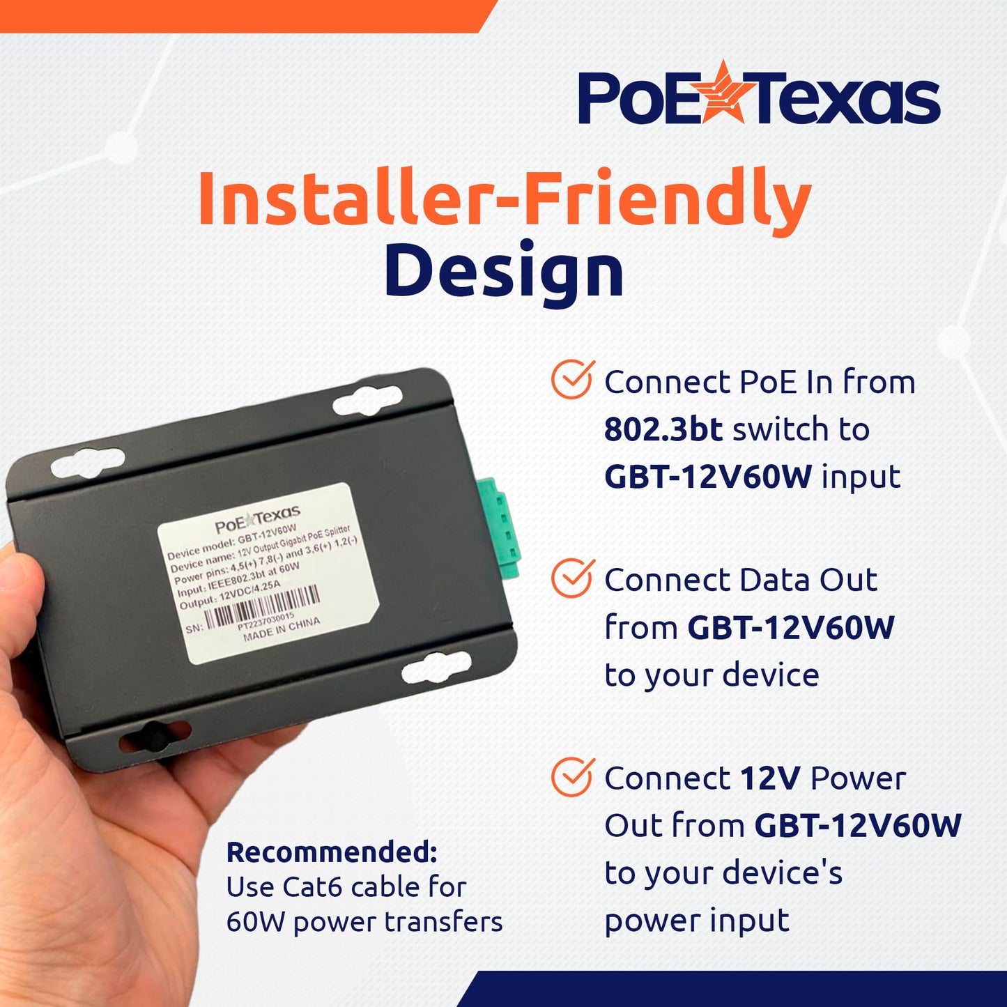 PoE Texas 802.3bt PoE++ to 12V Splitter with 60W Output - Works with Cisco UPOE & 802.3bt Switches - Gigabit Data Splitter with Phoenix Connector
